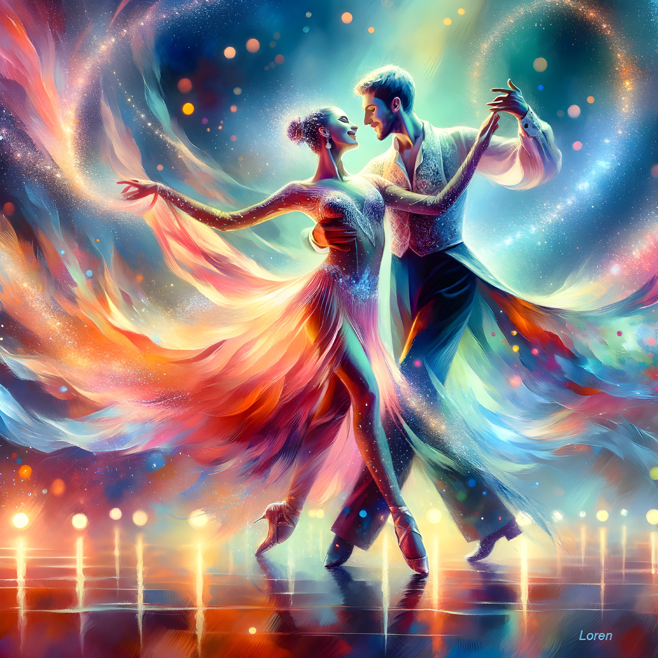 Vibrant Dance Scene with Colorful Swirls and Lights