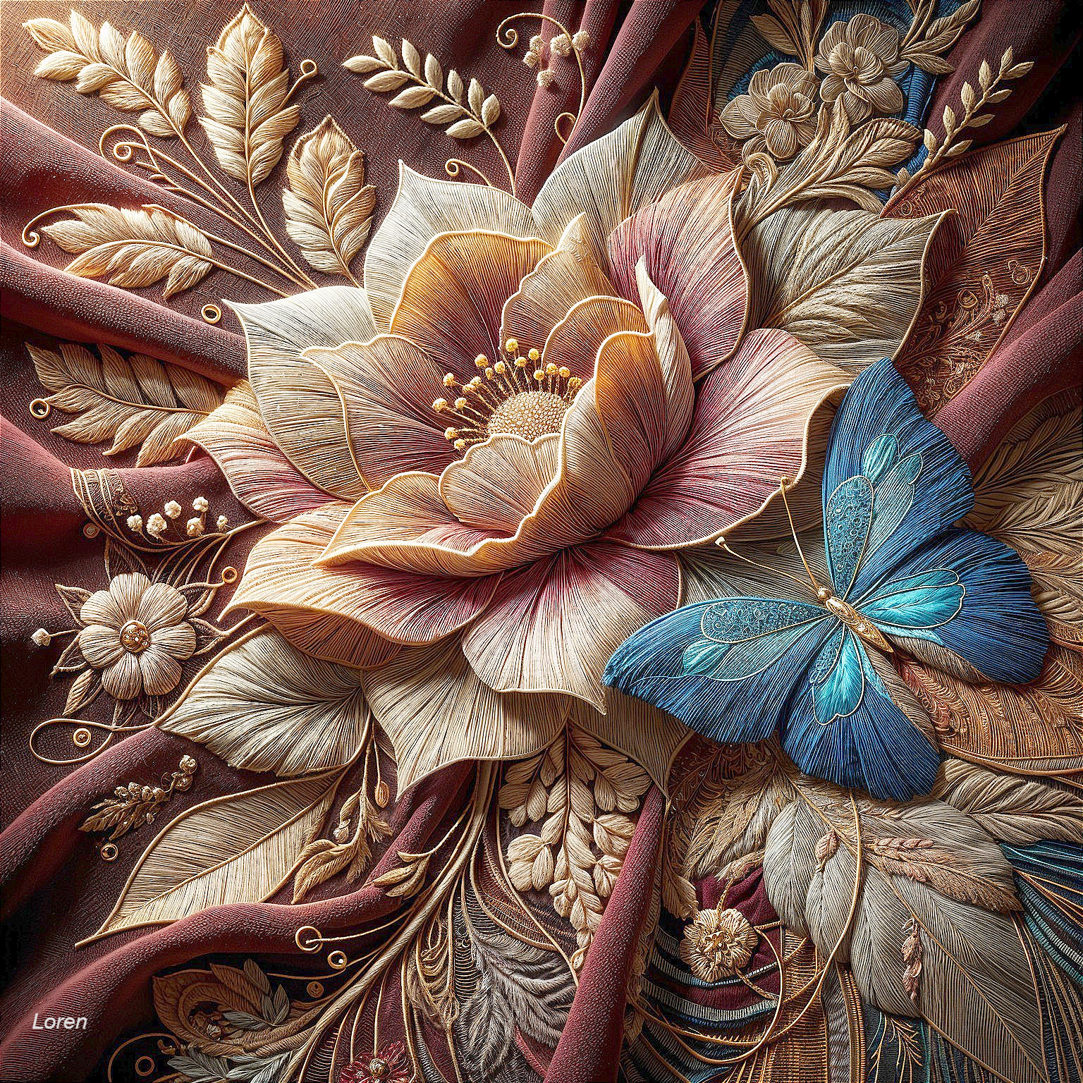 Intricate Embroidery of Flower and Butterfly Design