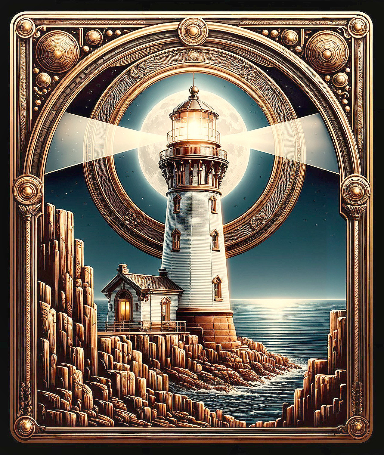 Illustration of a lighthouse on rocky cliffs at night