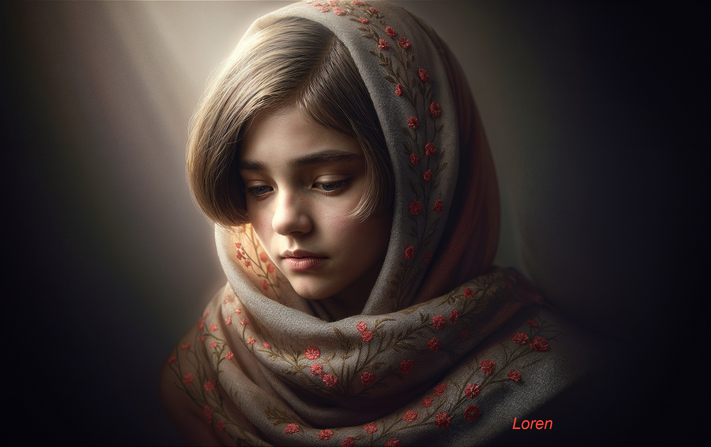 Young girl in embroidered floral scarf, contemplative gaze