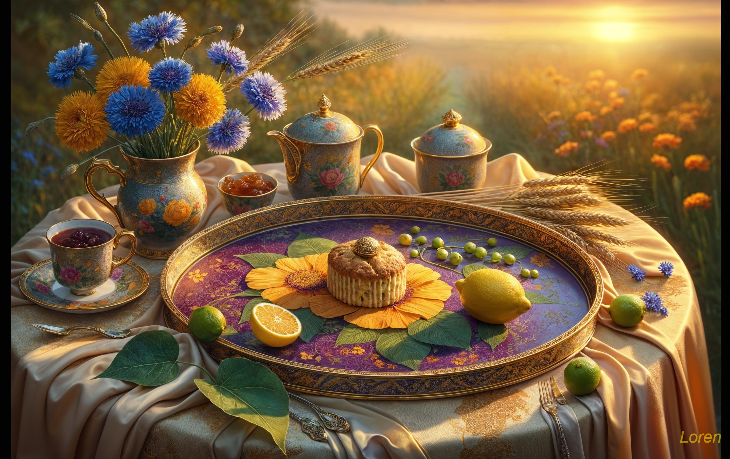 Vibrant Still Life with Flowers, Pastry, and Lemons