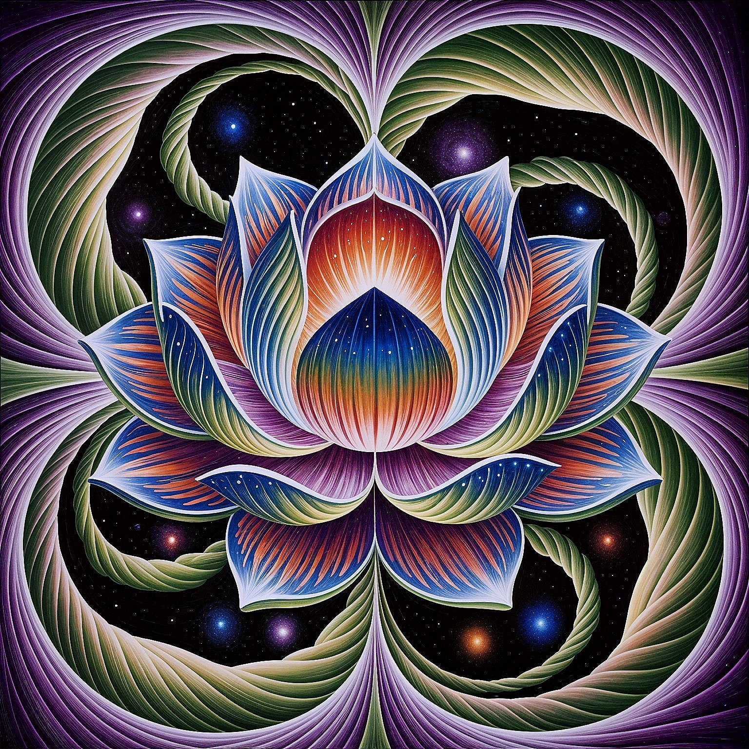 Vibrant Symmetrical Lotus Flower with Cosmic Background