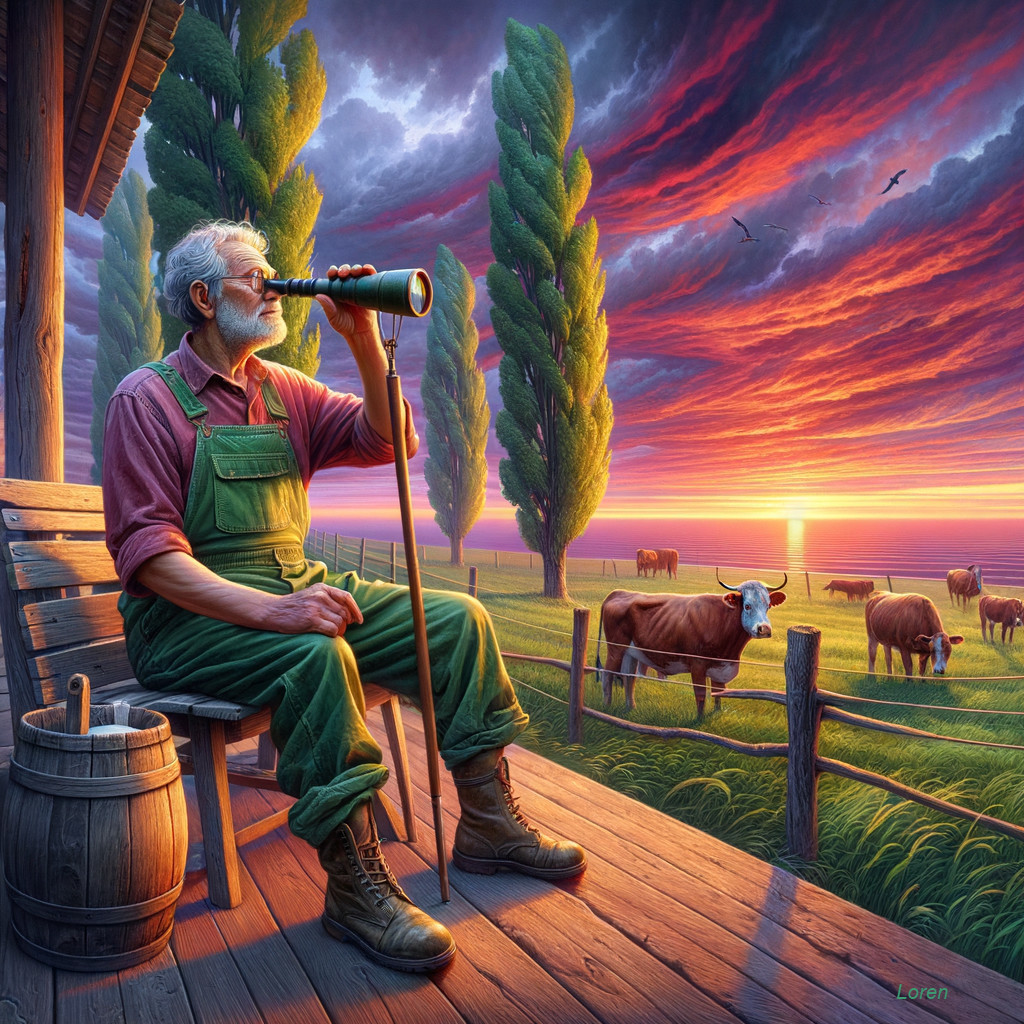 Elderly Farmer Observing Cattle at Serene Sunset