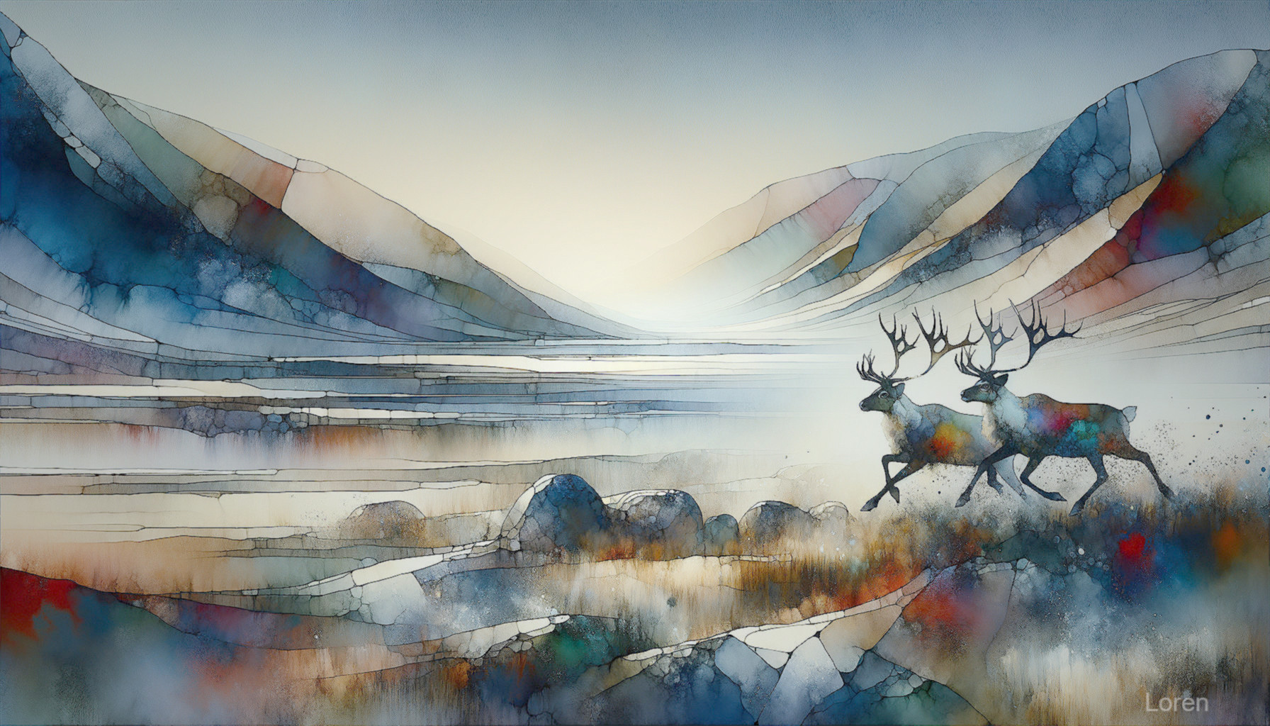 Serene Landscape with Deer in Watercolor Illustration