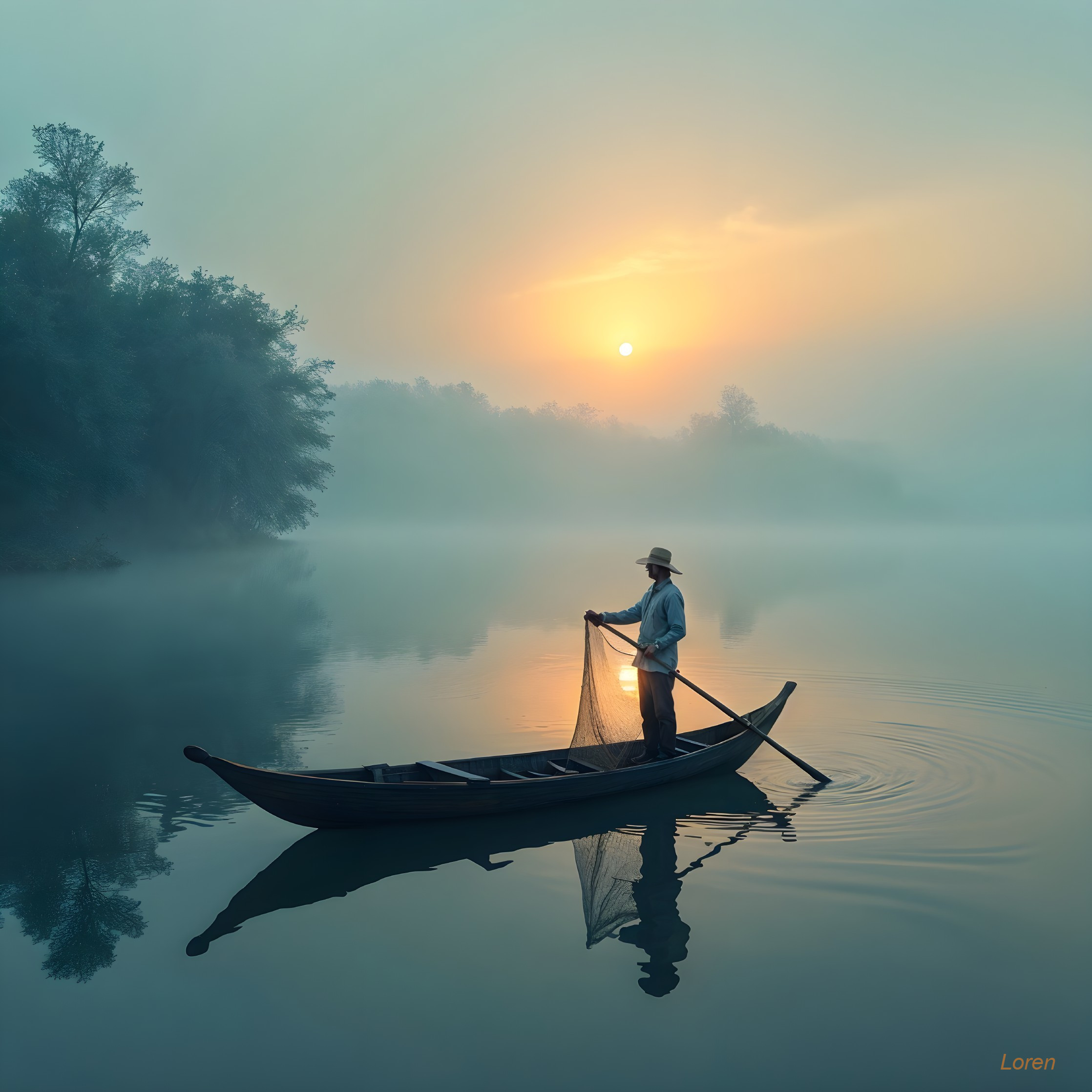 Lone Fisherman on Misty River at Sunrise