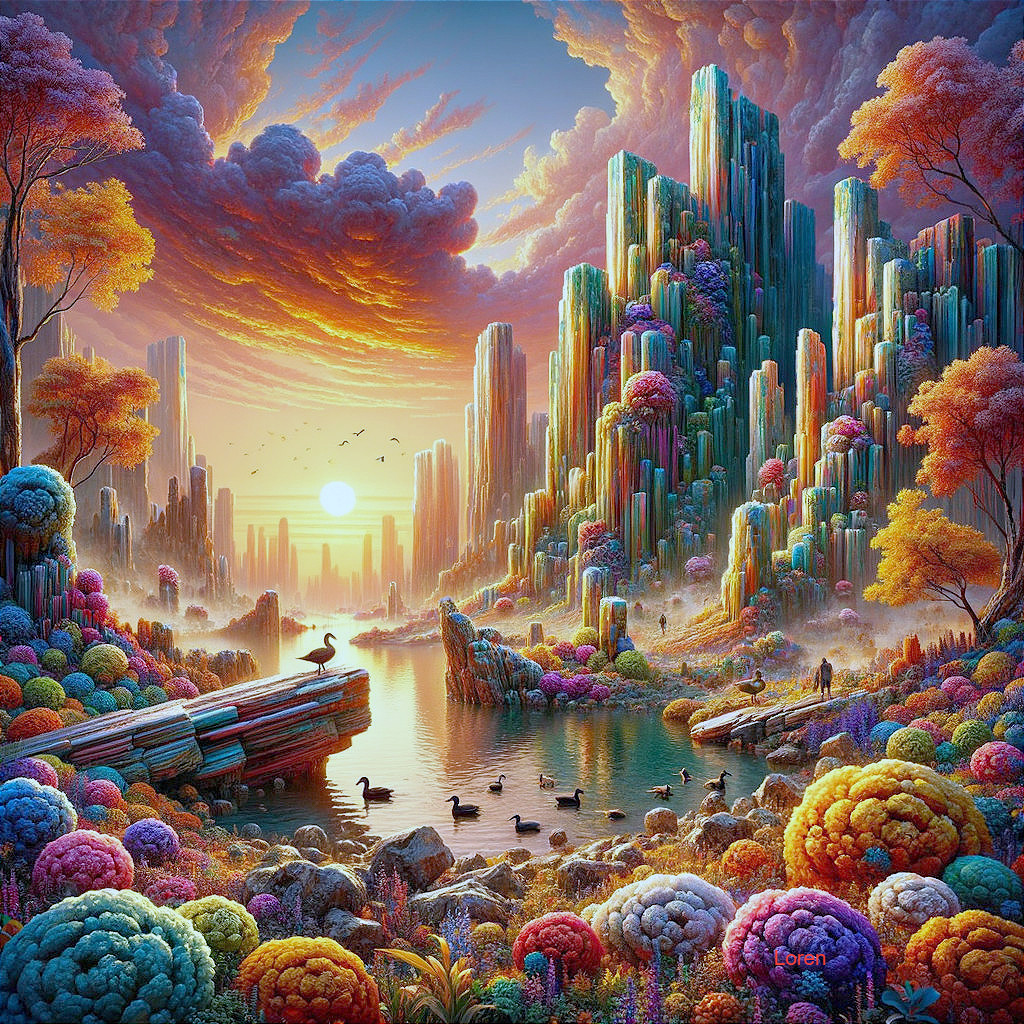 Surreal Landscape with Crystal Structures and Ducks
