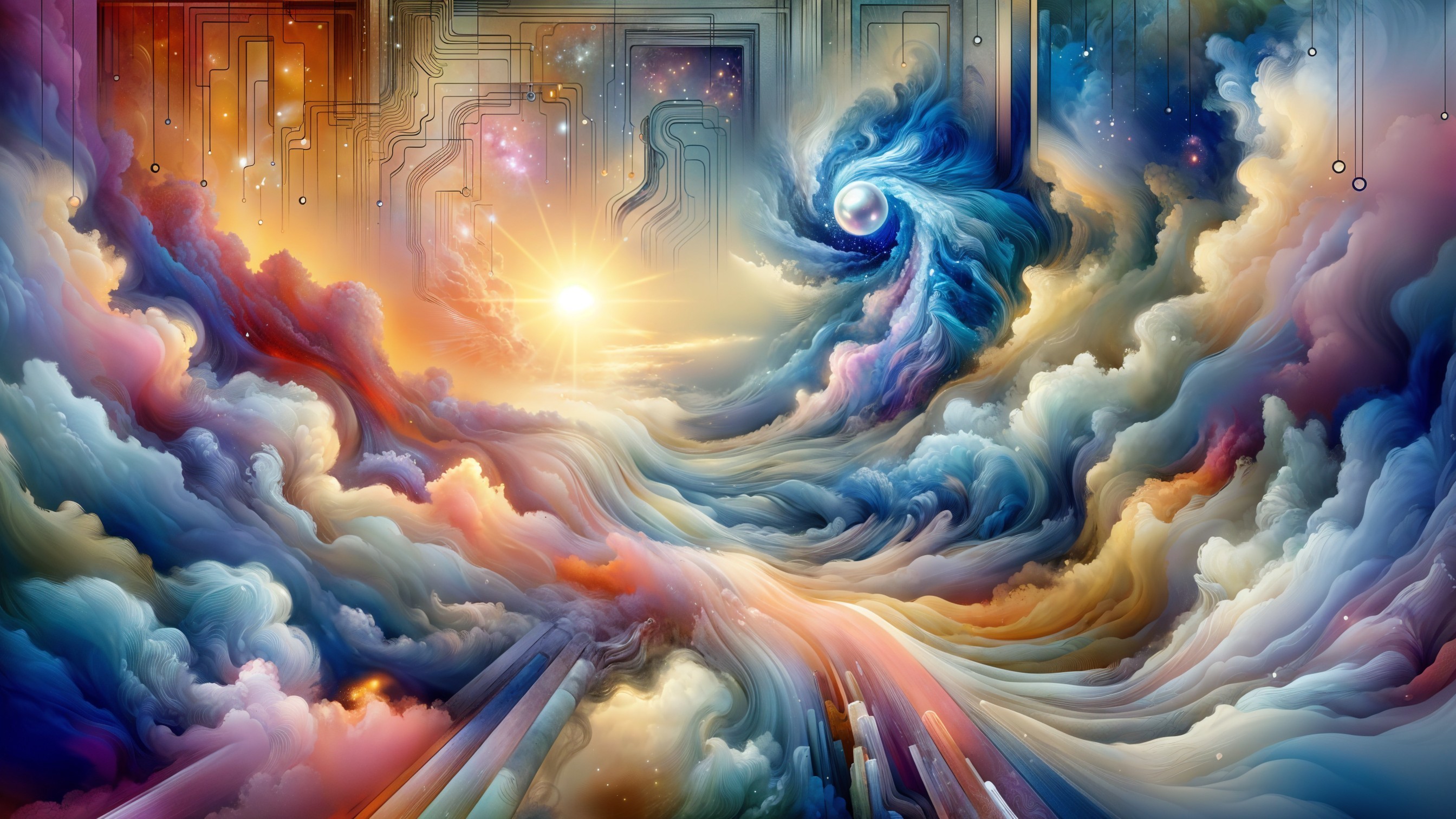 Vibrant Cosmic Scene with Pastel Hues and Abstract Patterns