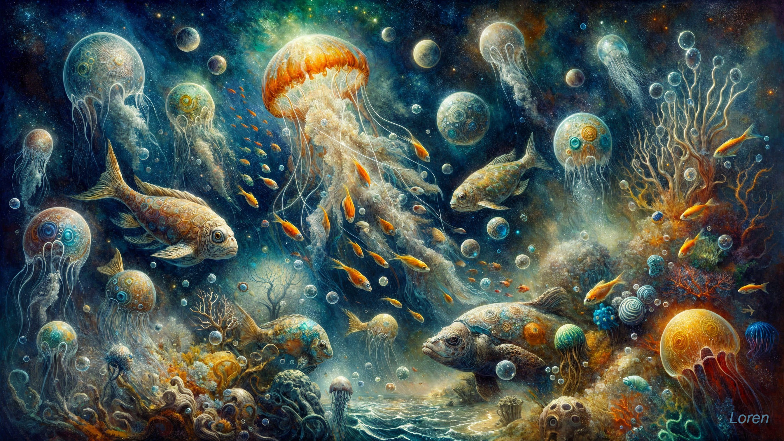 Vibrant Underwater Scene with Marine Life and Jellyfish