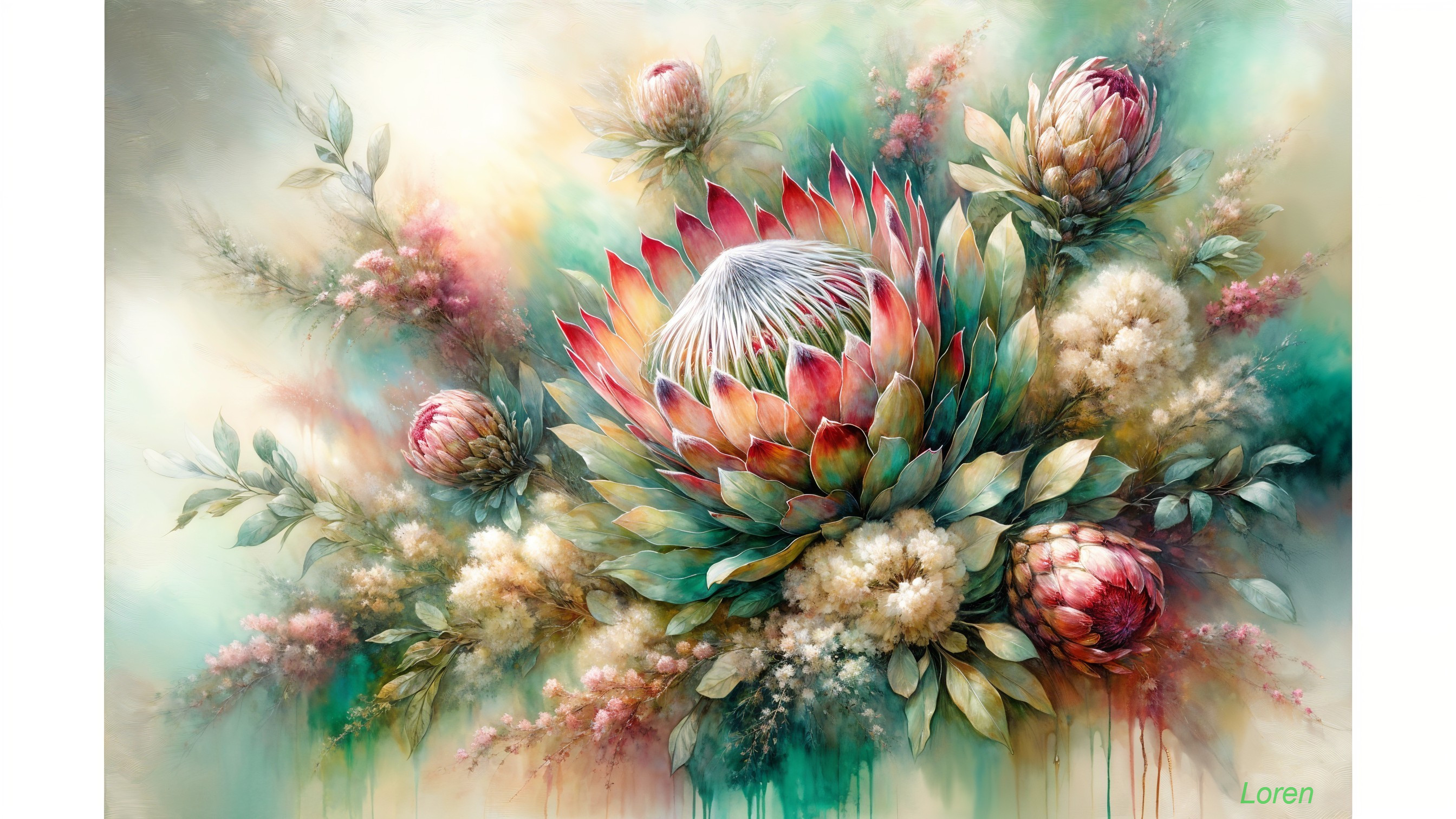 Vibrant Bouquet with Central Protea Flower and Pastels