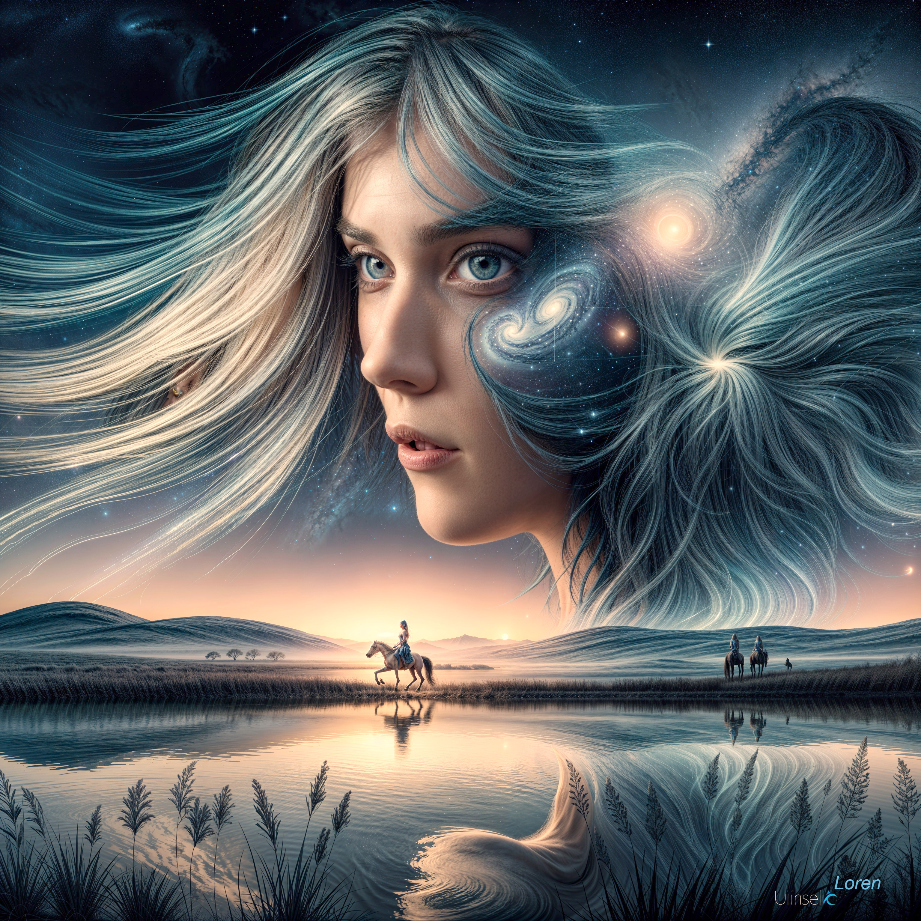 Surreal Landscape with Celestial Elements and River