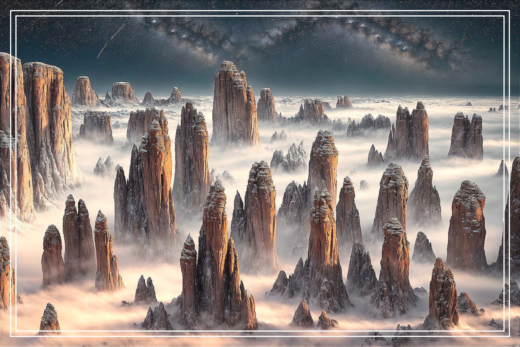 Alien Landscape with Towering Rock Formations and Mist