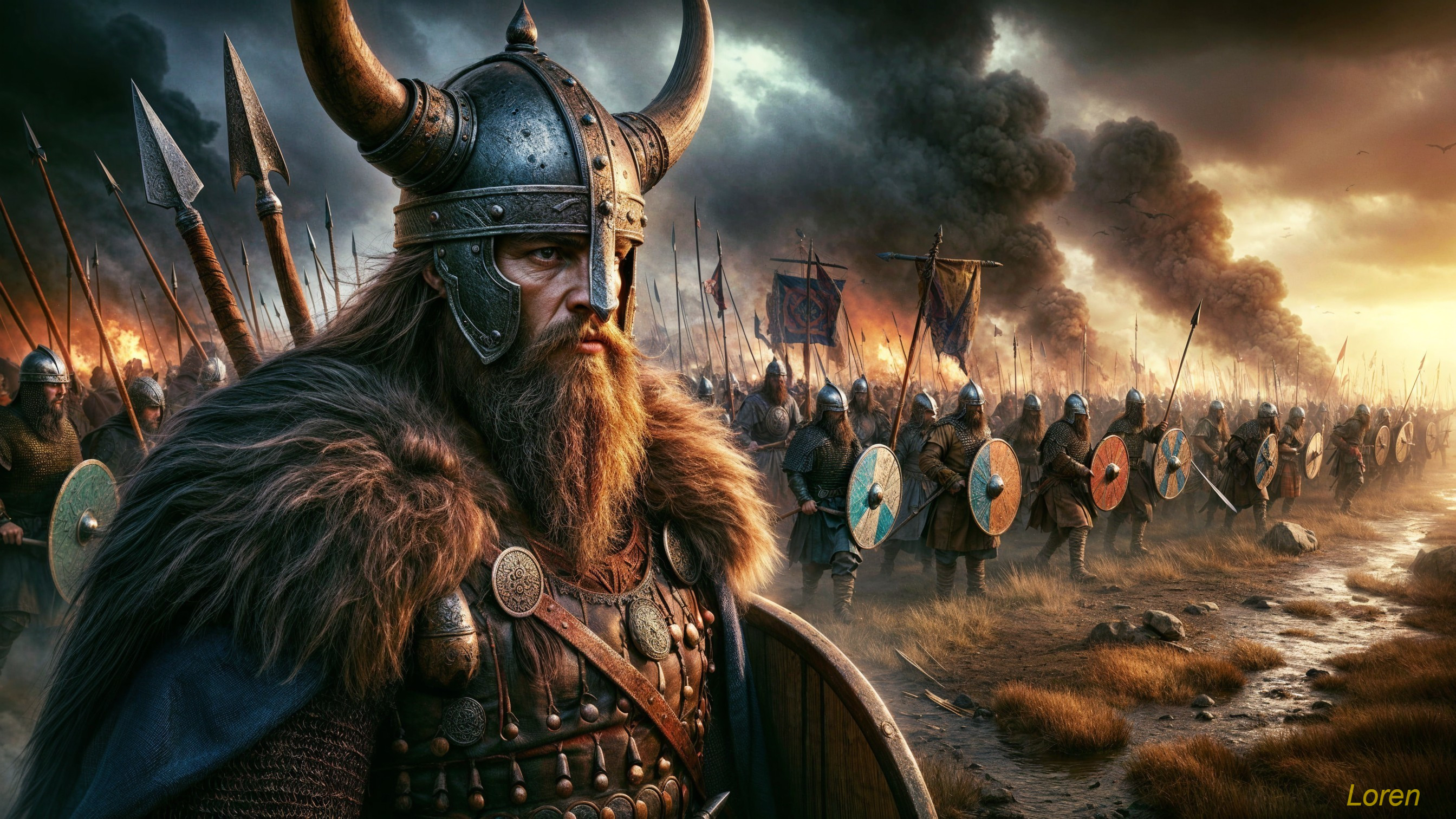 Viking Warrior in Armor with Battling Companions