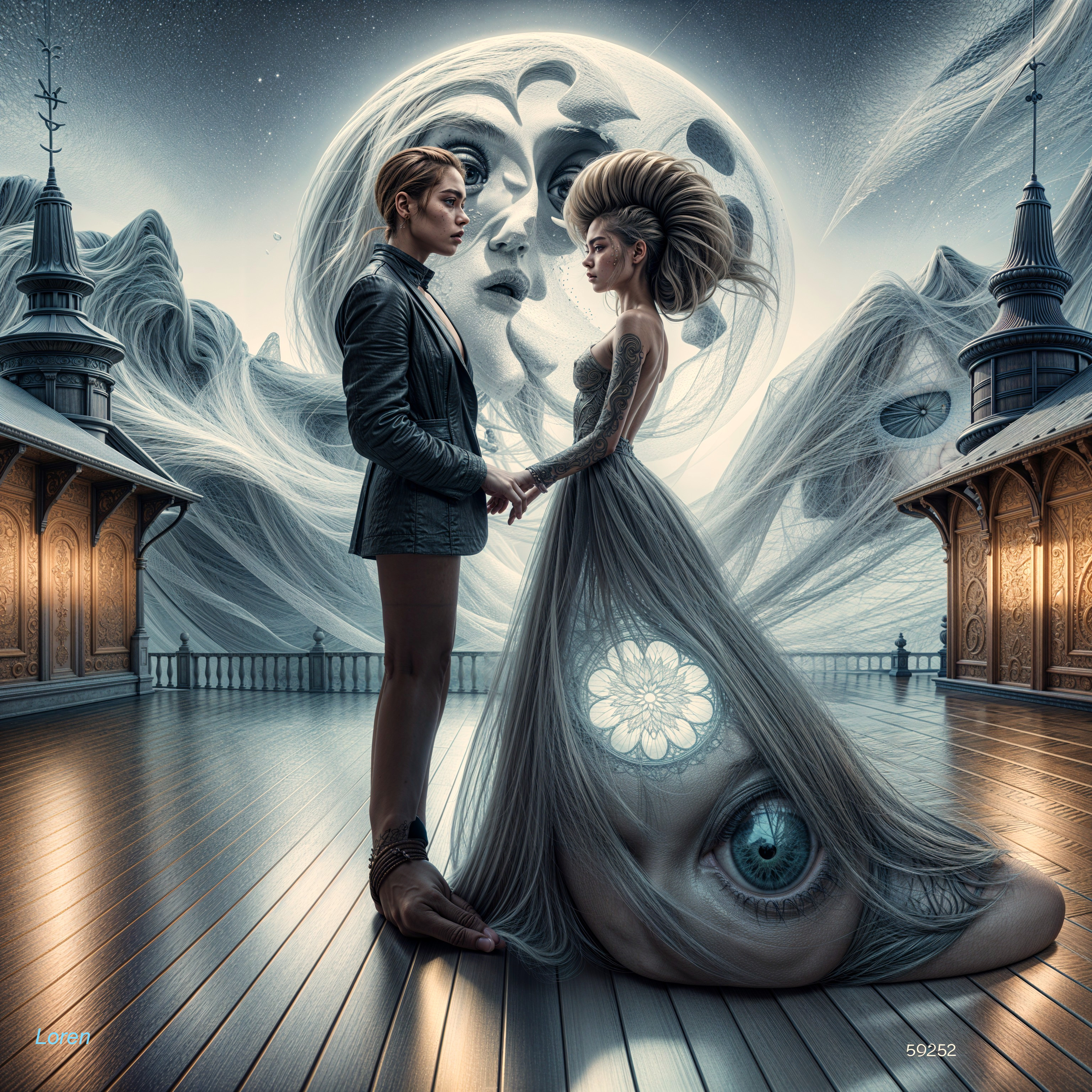 Surreal Couple on Wooden Platform in Ethereal Landscape