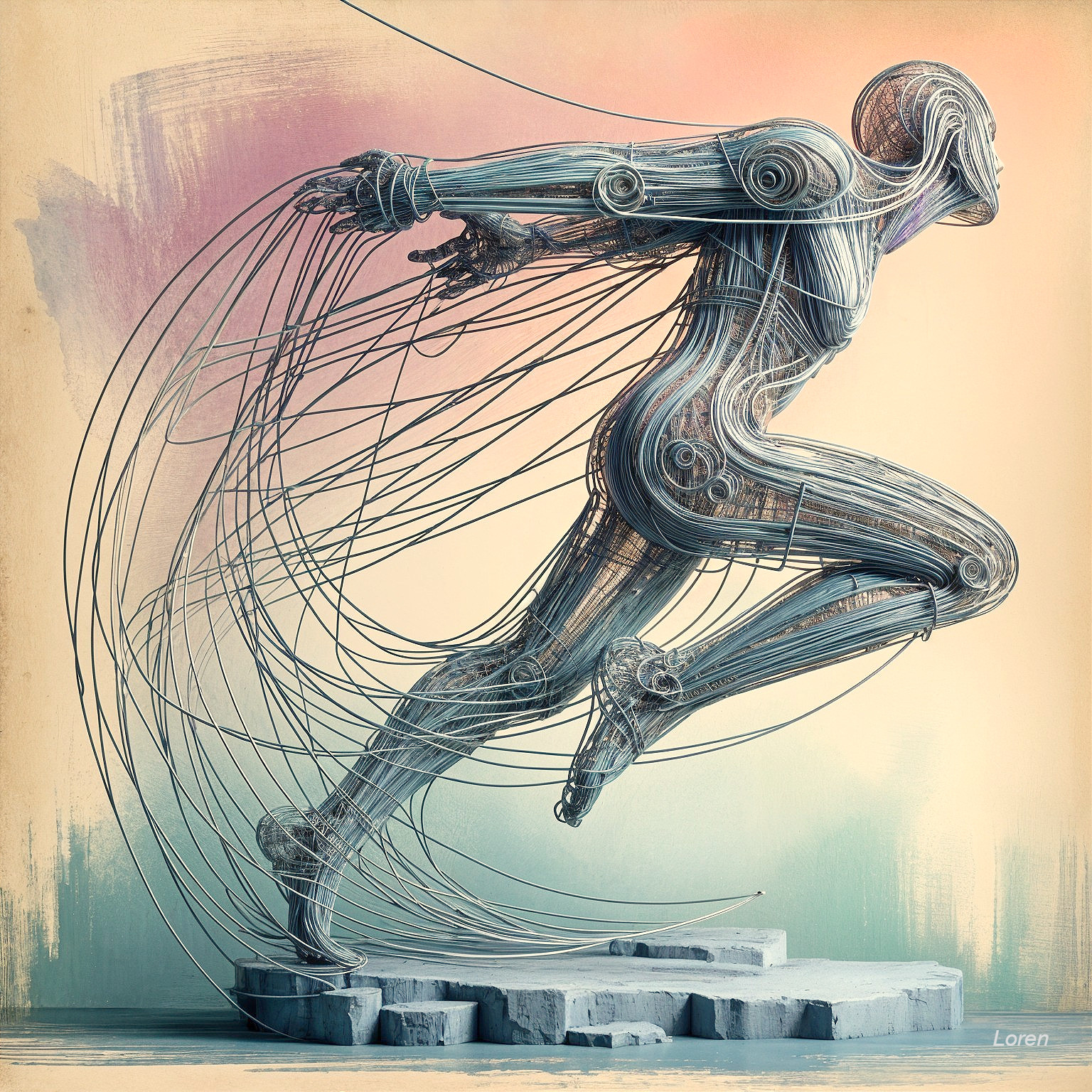 Dynamic Semi-Transparent Figure in Motion with Pastels