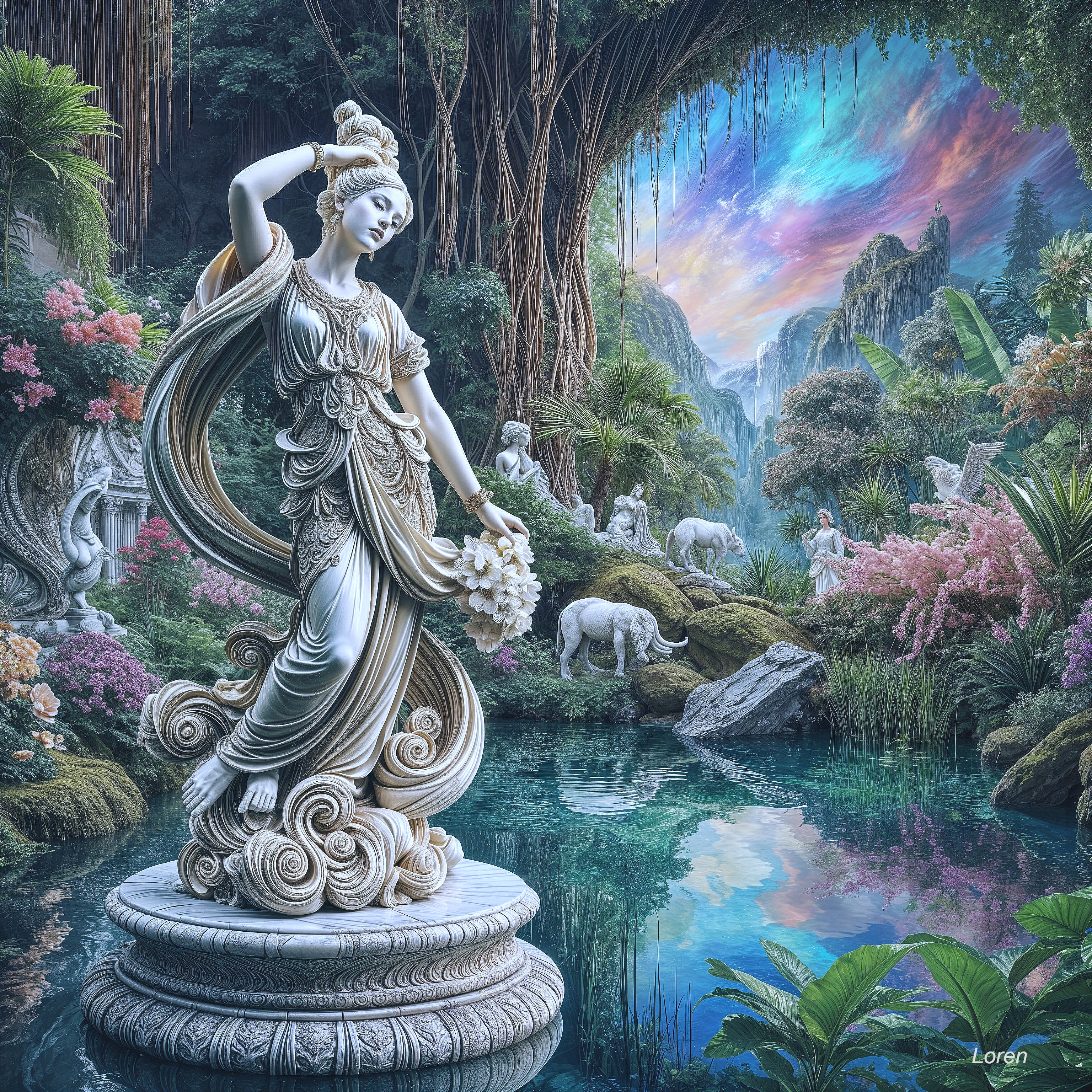 Lush Landscape with Statue and Tranquil Pool