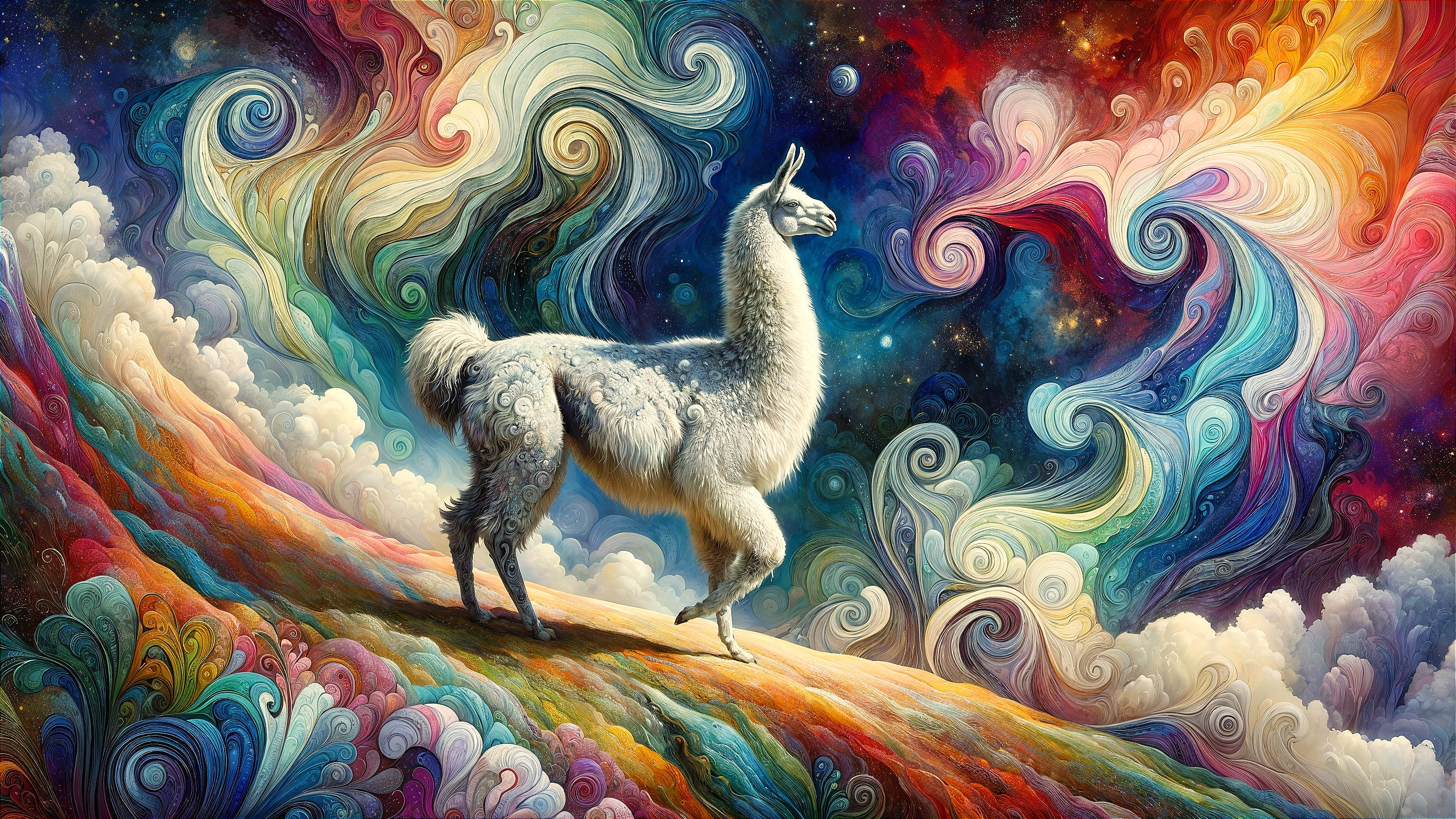 Whimsical Llama in a Colorful Cosmic Landscape