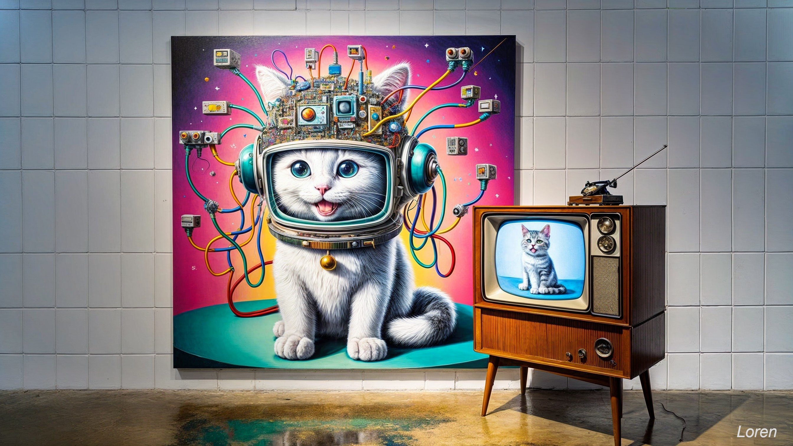 Vibrant Mural of Cybernetic Cat with Vintage Television