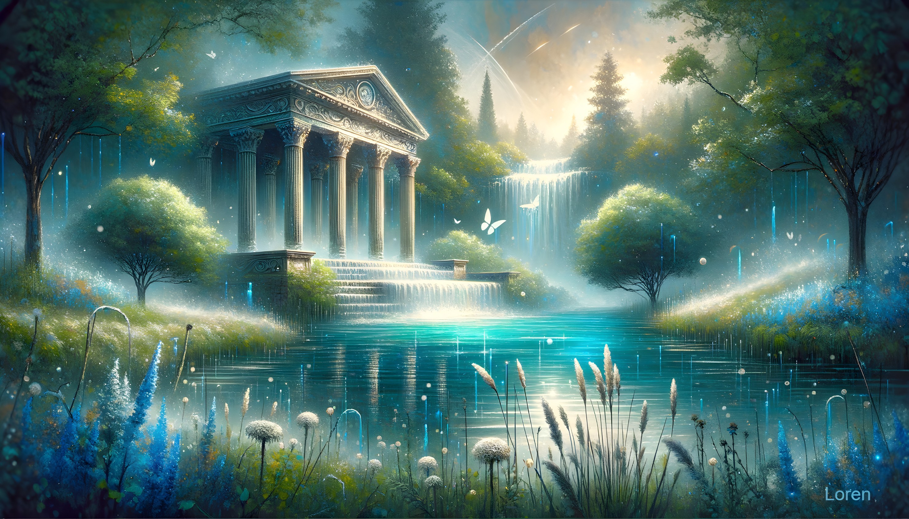 Ancient Temple by Tranquil Lake with Waterfalls and Flowers