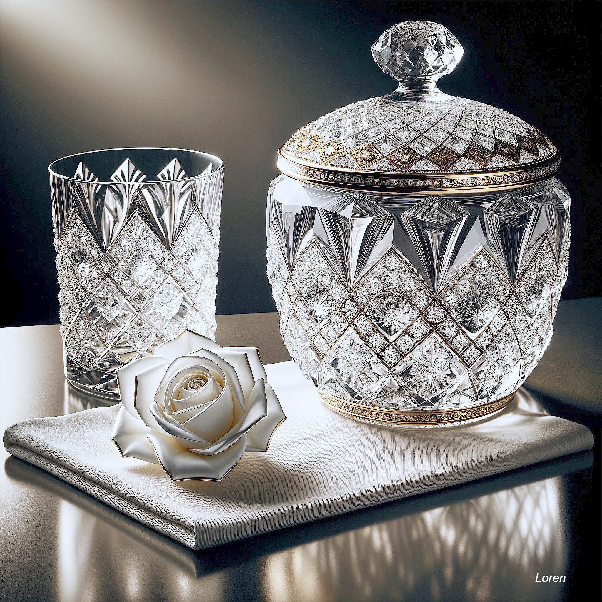 Elegant Crystal Cut Glassware with White Rose Display
