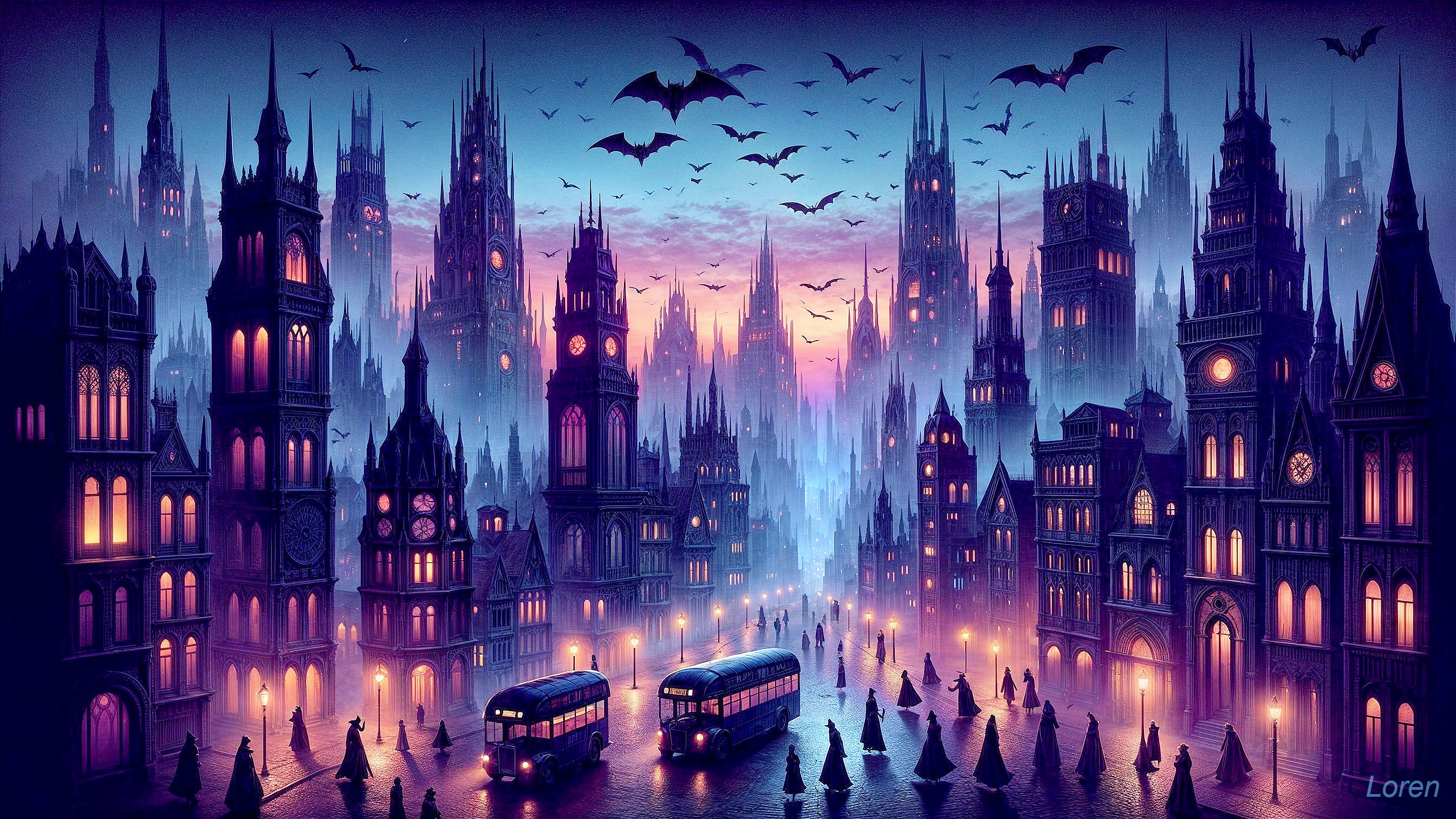 Twilight Gothic Cityscape with Vintage Buses and Bats