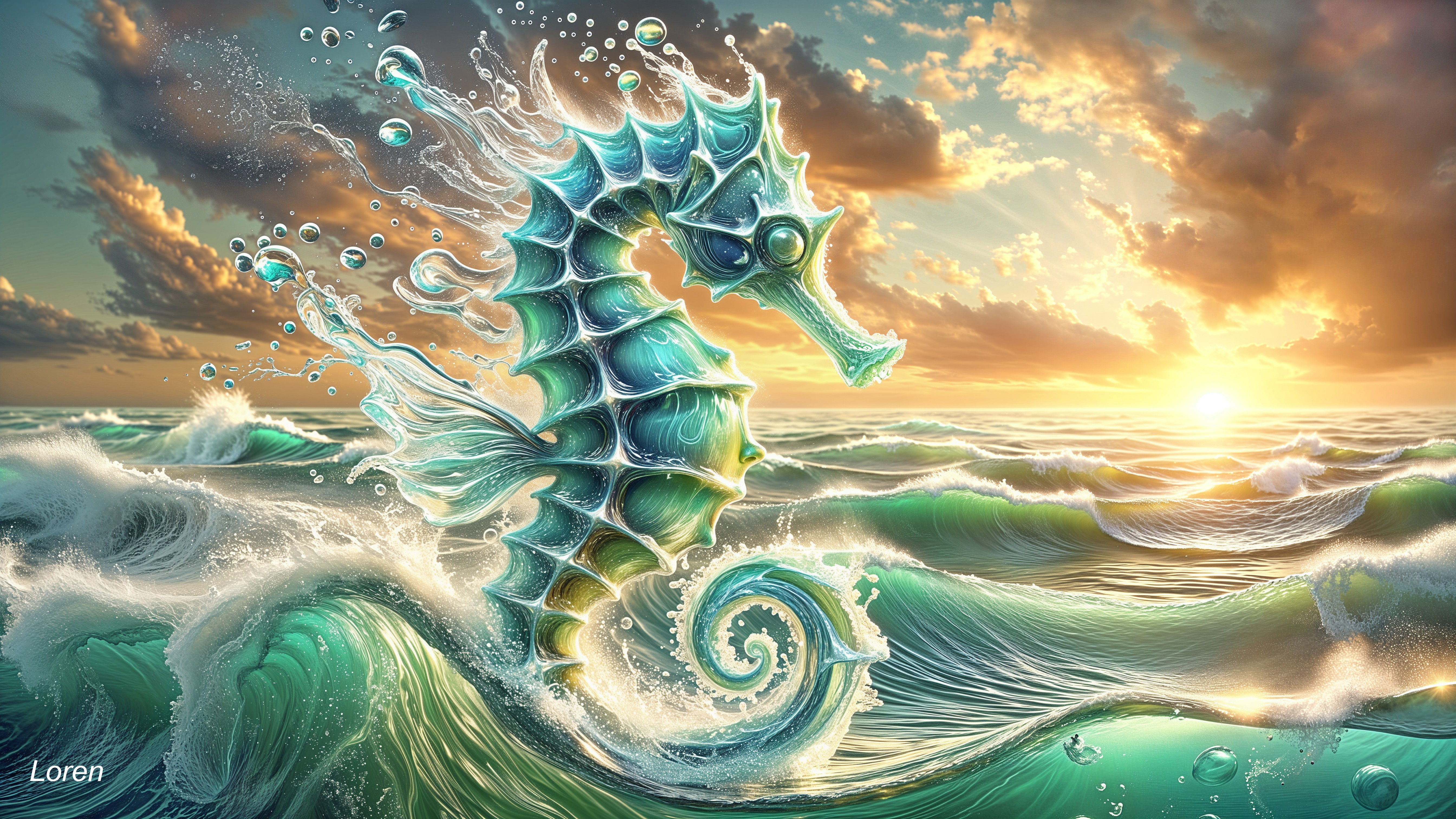 Seahorse in Turquoise Waves at Sunset with Bubbles