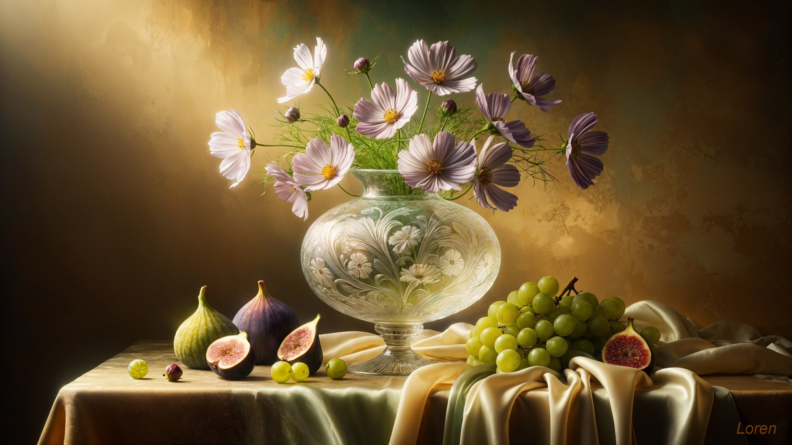 Still Life with Purple Cosmos and Fresh Fruits