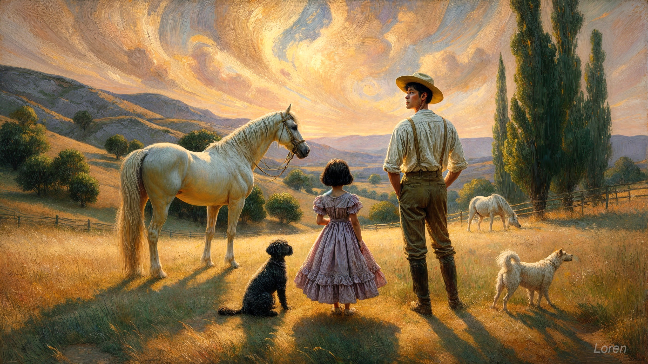 Serene Sunset Landscape with Girl, Man, and Animals