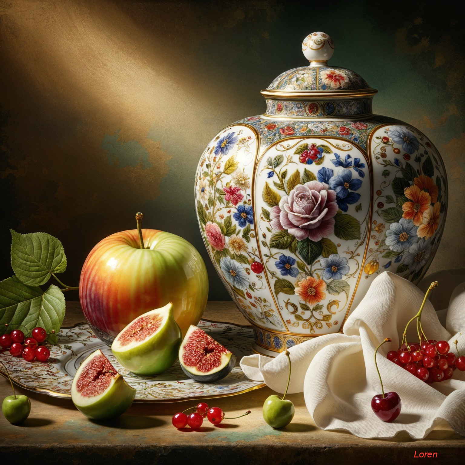 Elegant Still Life with Porcelain Jar and Fruit