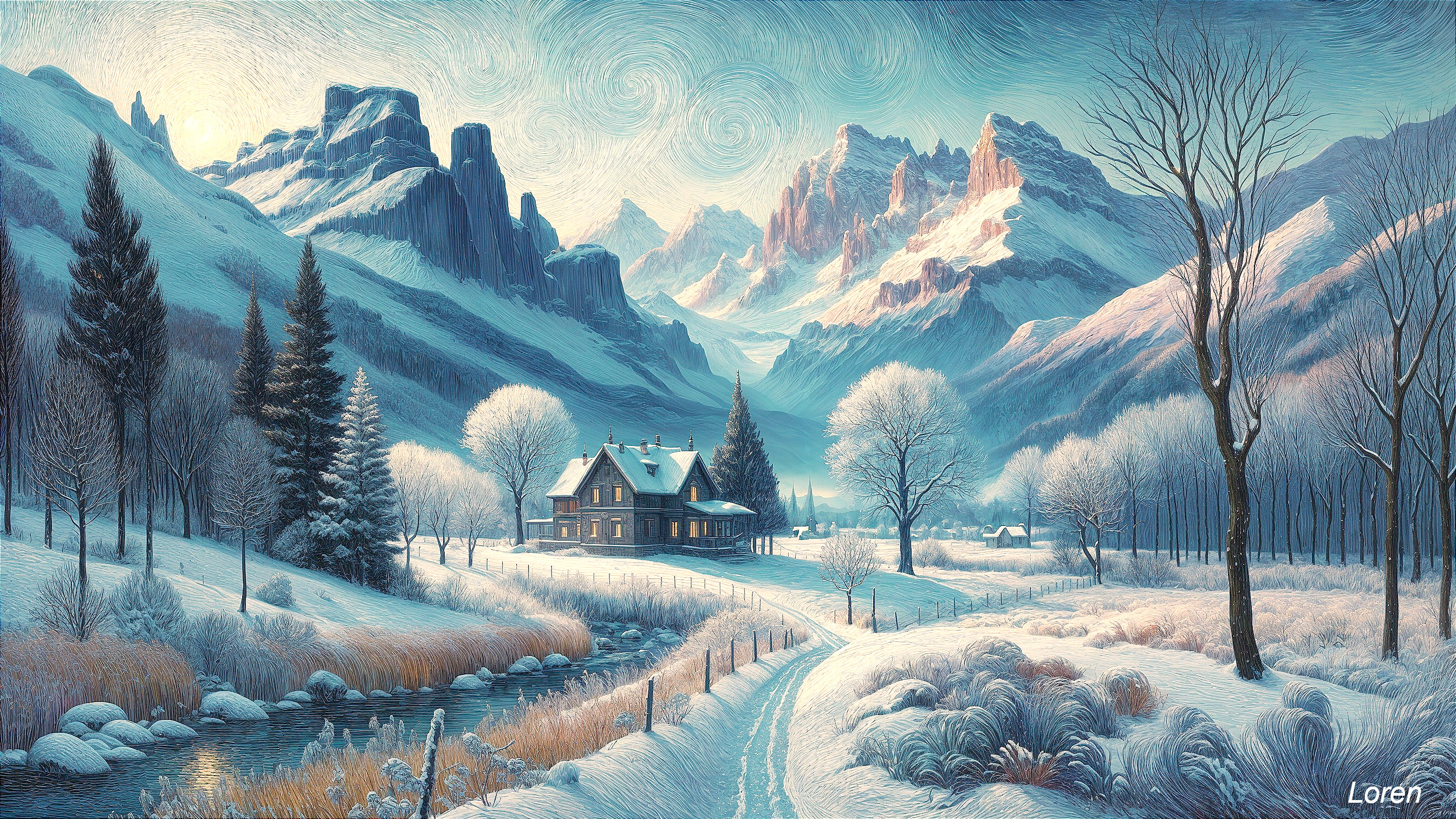 Serene Winter Landscape with Snow-Covered Mountains