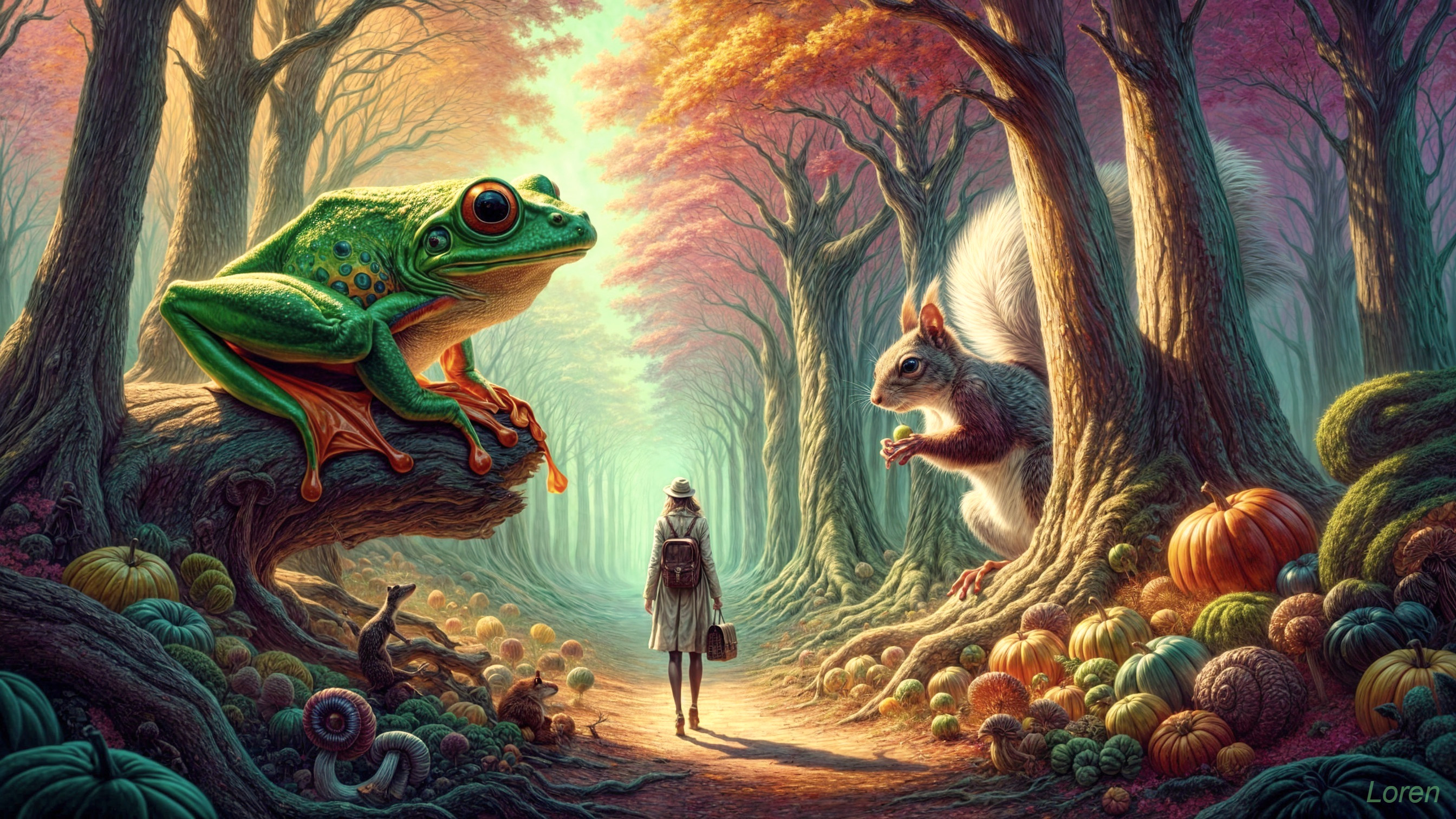 Whimsical Autumn Forest Scene with Colorful Creatures