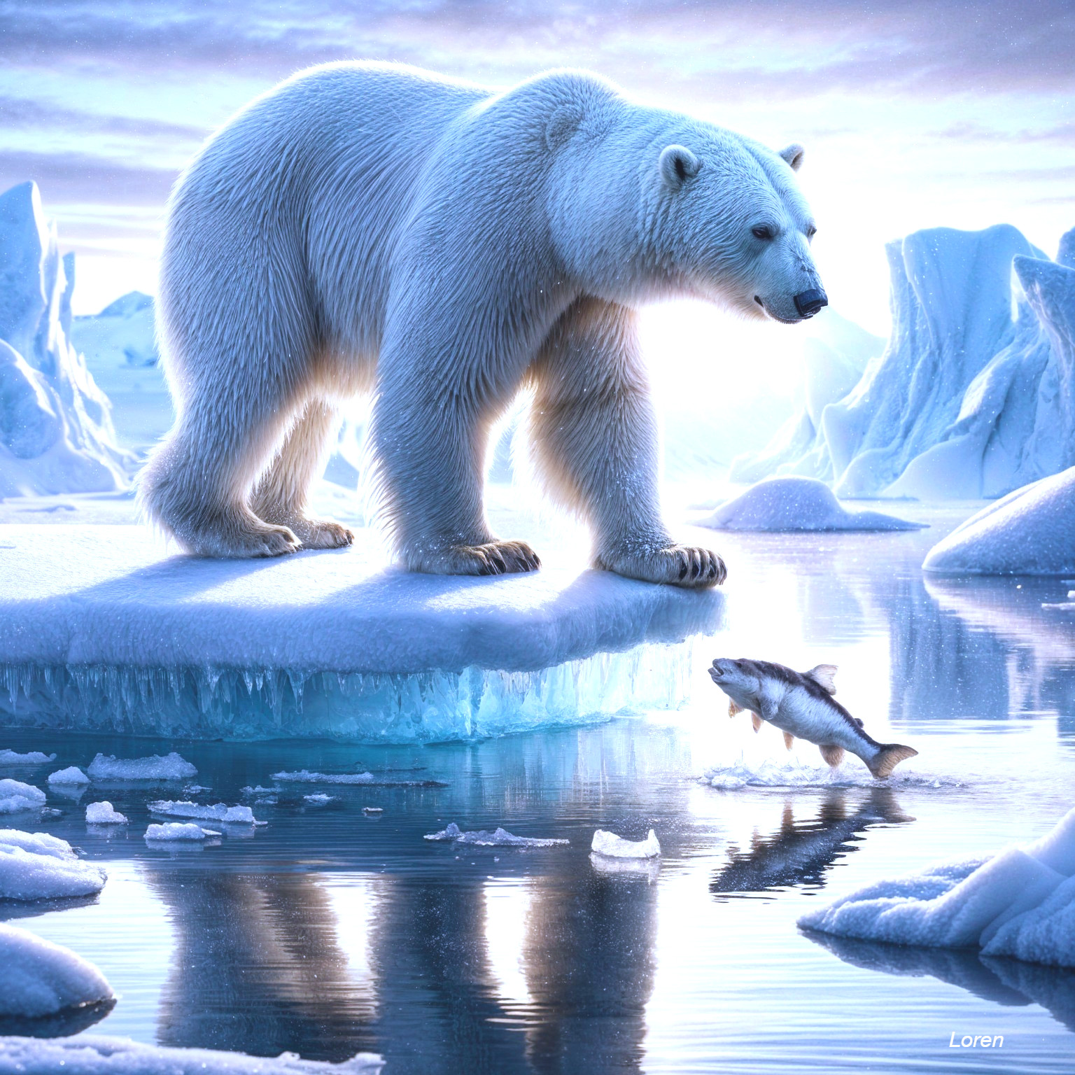 Polar bear on ice floe in serene dawn landscape