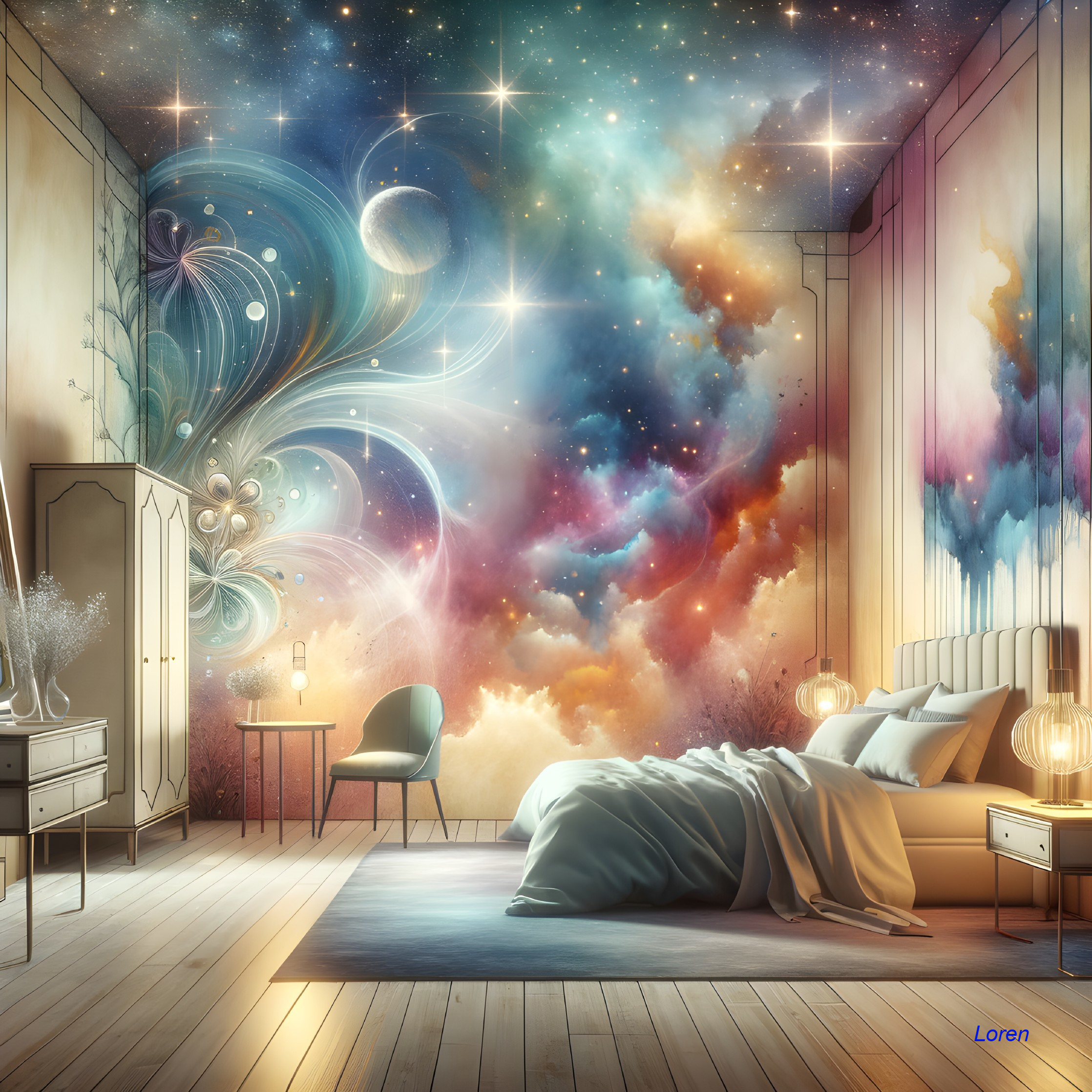 Serene Room with Cosmic Mural and Soft Linens