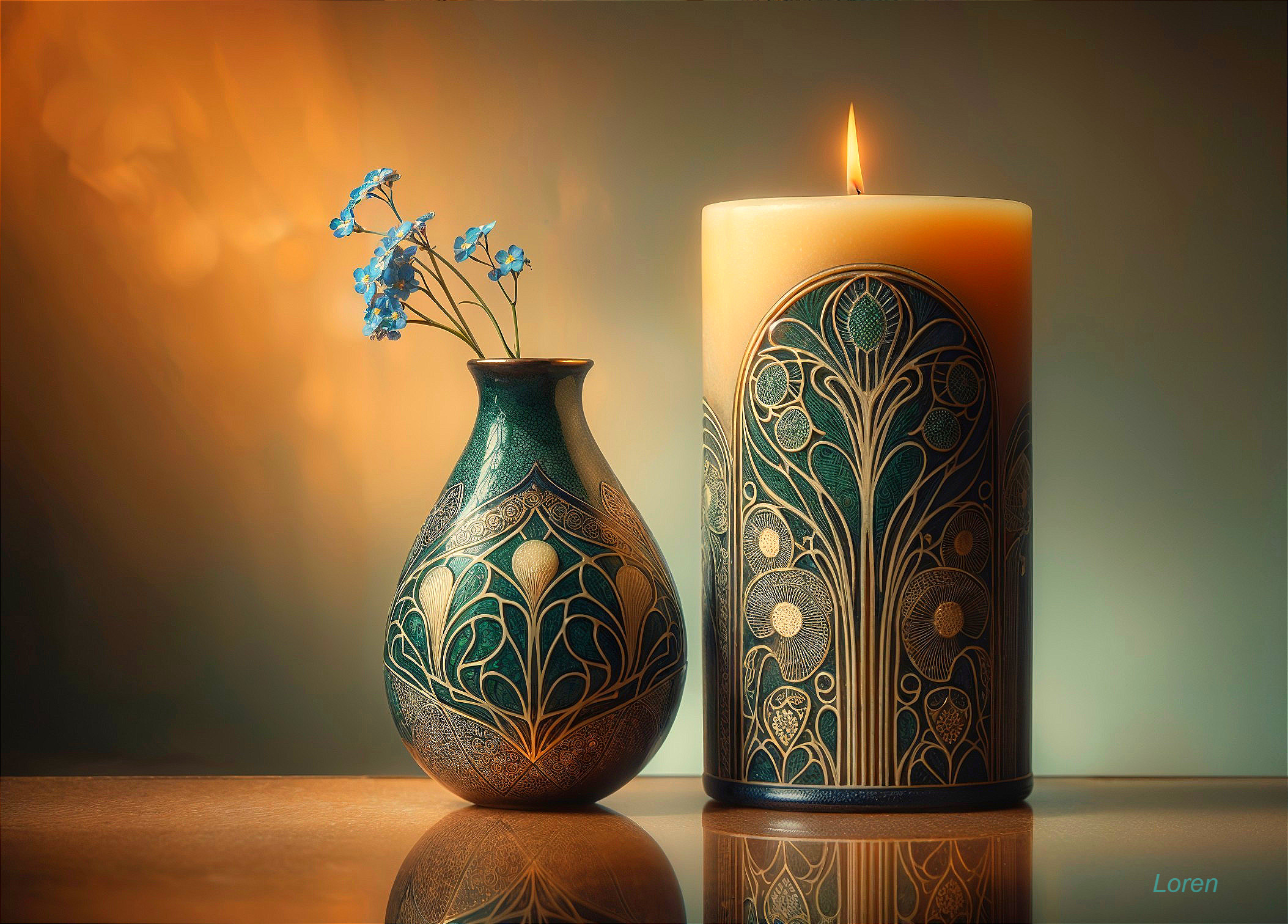 Ceramic Vase with Blue Flowers and Candle Arrangement