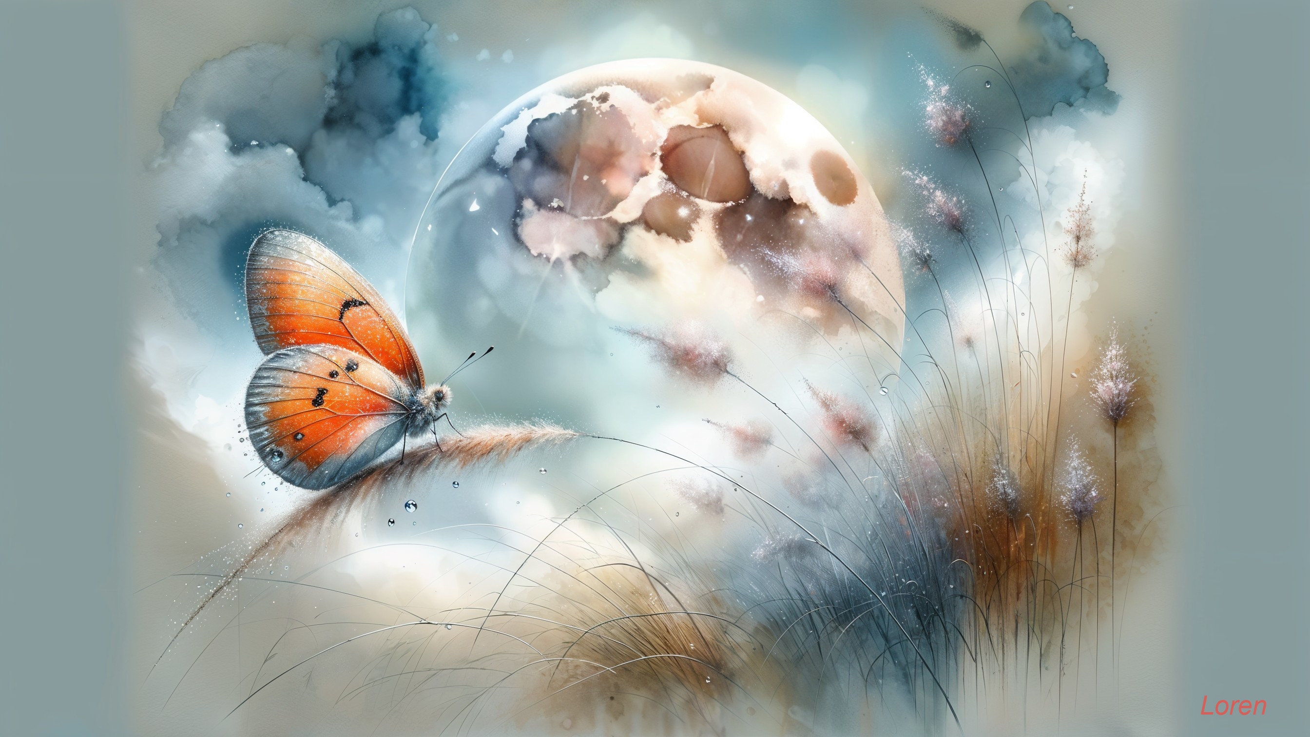 Orange Butterfly on Grass with Moonlit Background