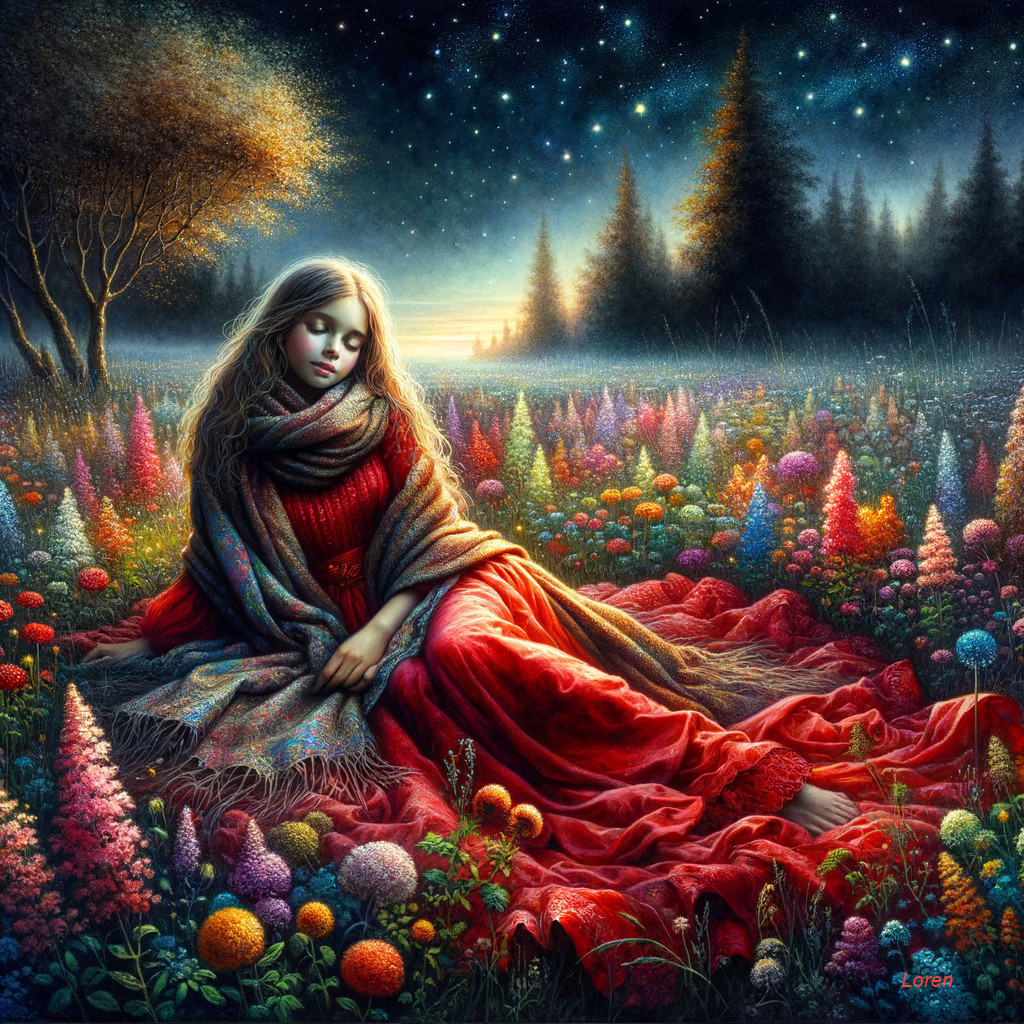 Woman in Red Dress Contemplating in Colorful Field at Twilight