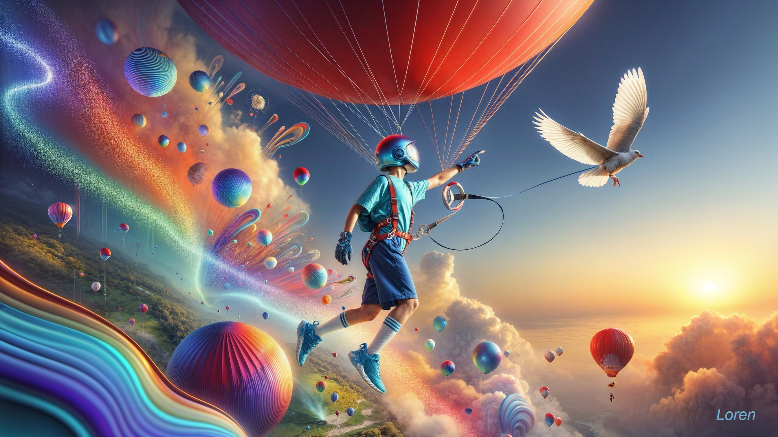Young boy floating with balloons in vibrant sky scene