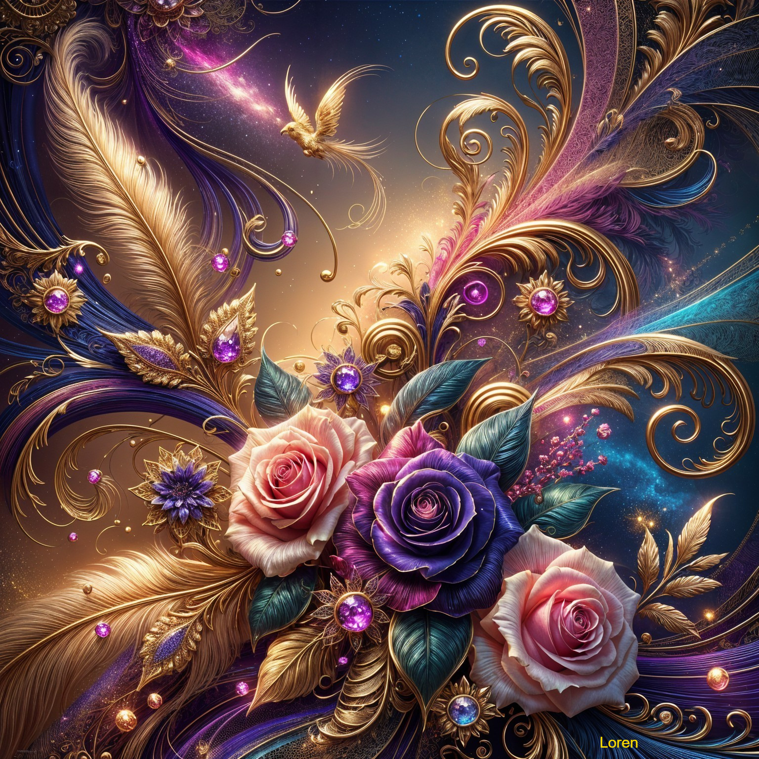 Vibrant Rose Design with Golden Leaves and Jewels