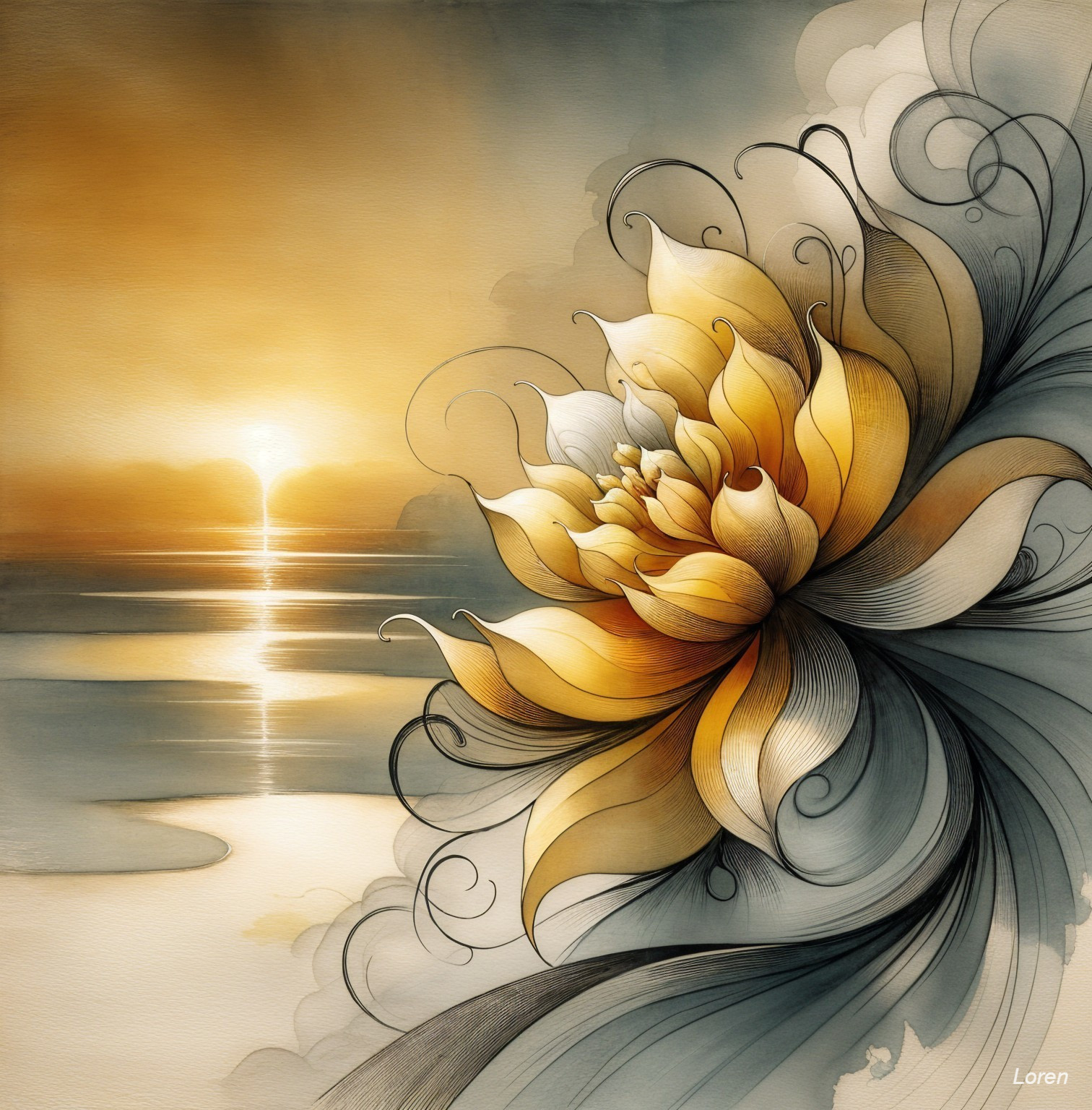 Golden Lotus Flower Against Tranquil Sunset and Clouds