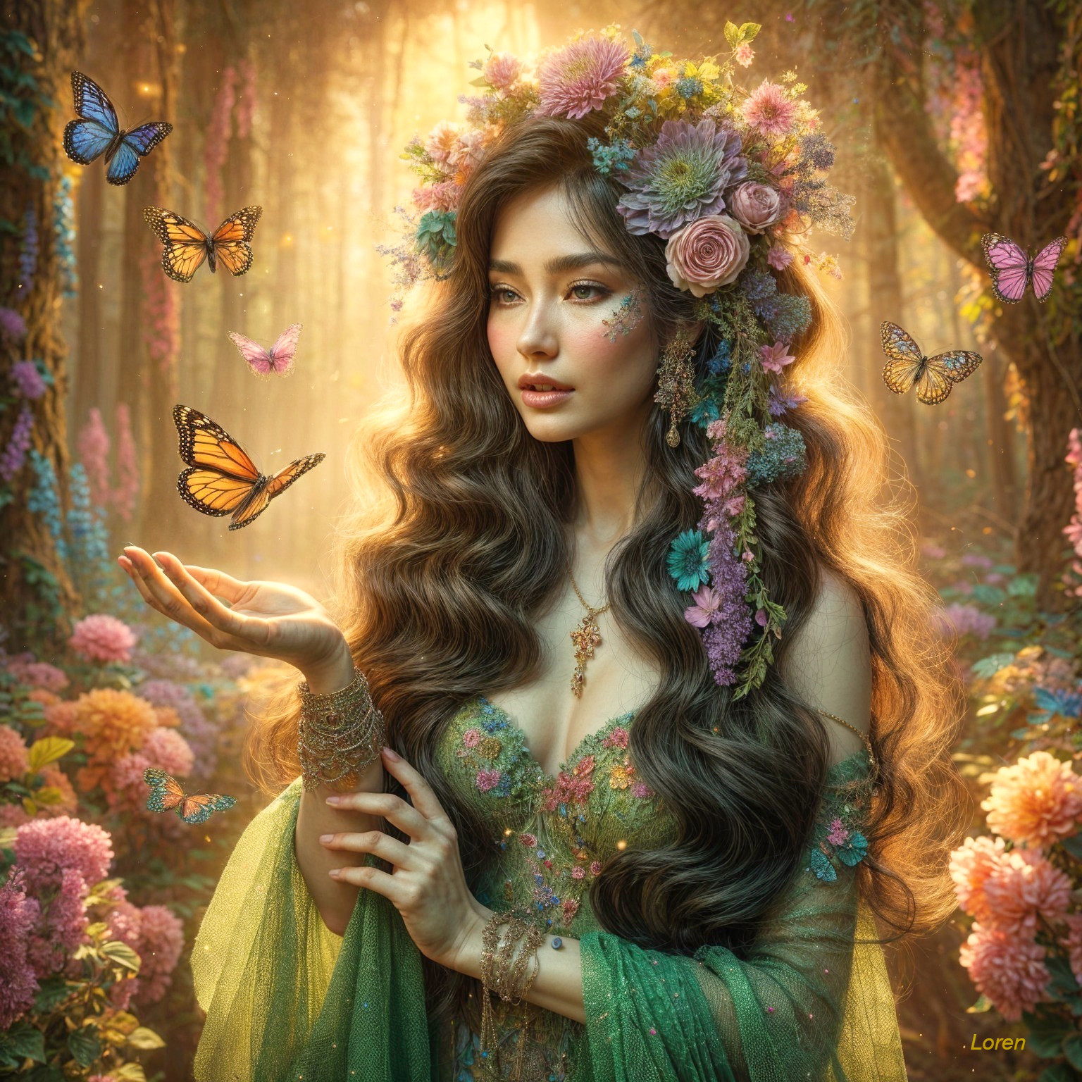 Enchanting Woman in Floral Crown in Vibrant Forest