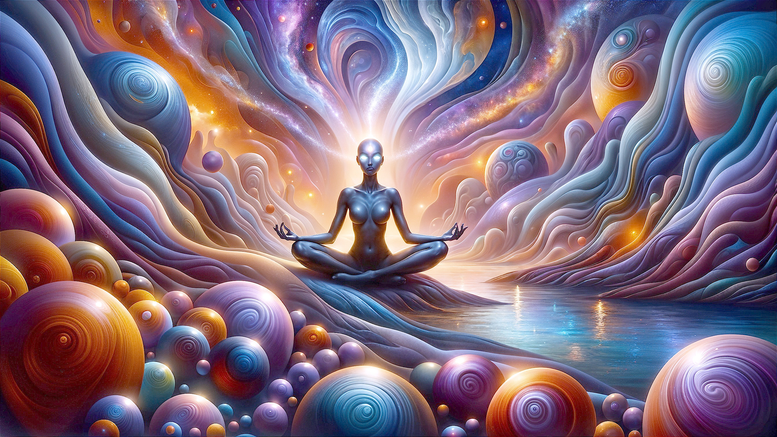 Meditative Figure Amidst Vibrant Cosmic Patterns