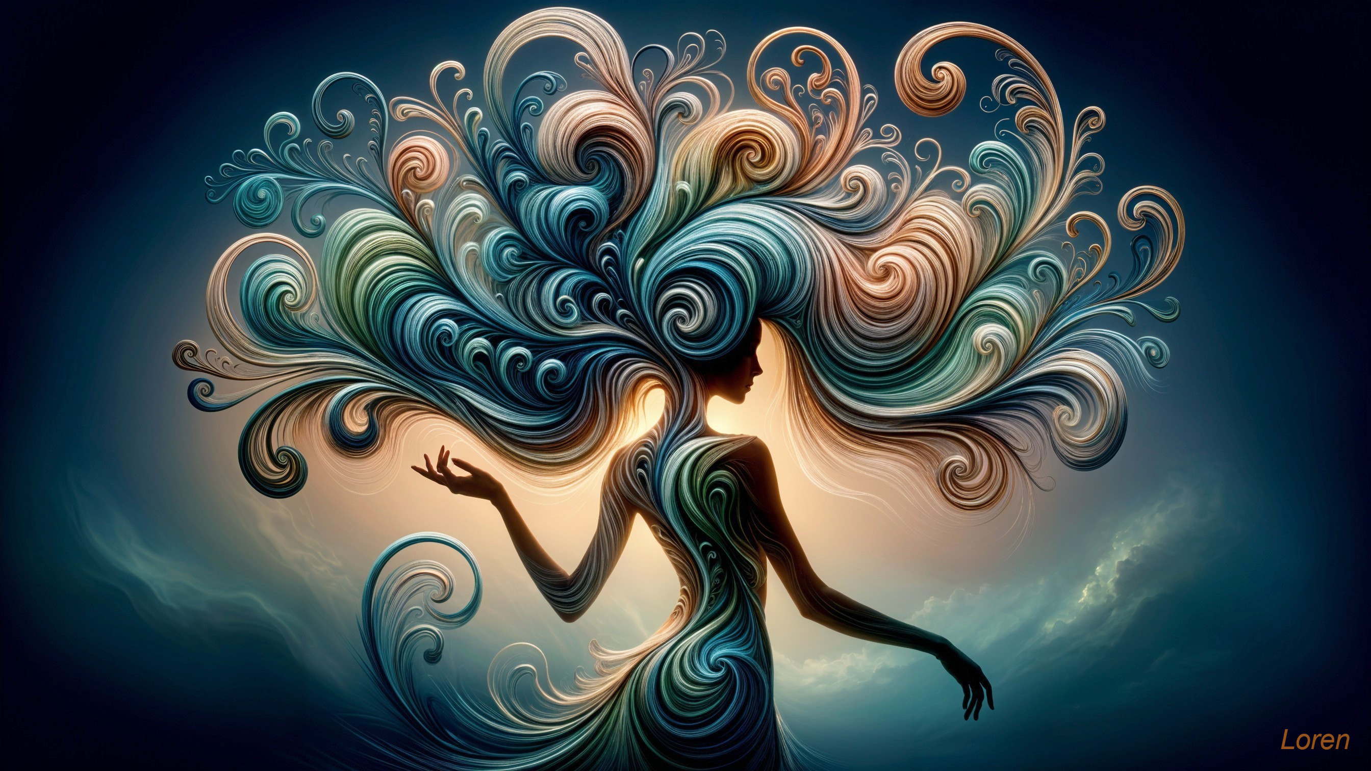 Silhouette of a Woman with Flowing Colorful Hair