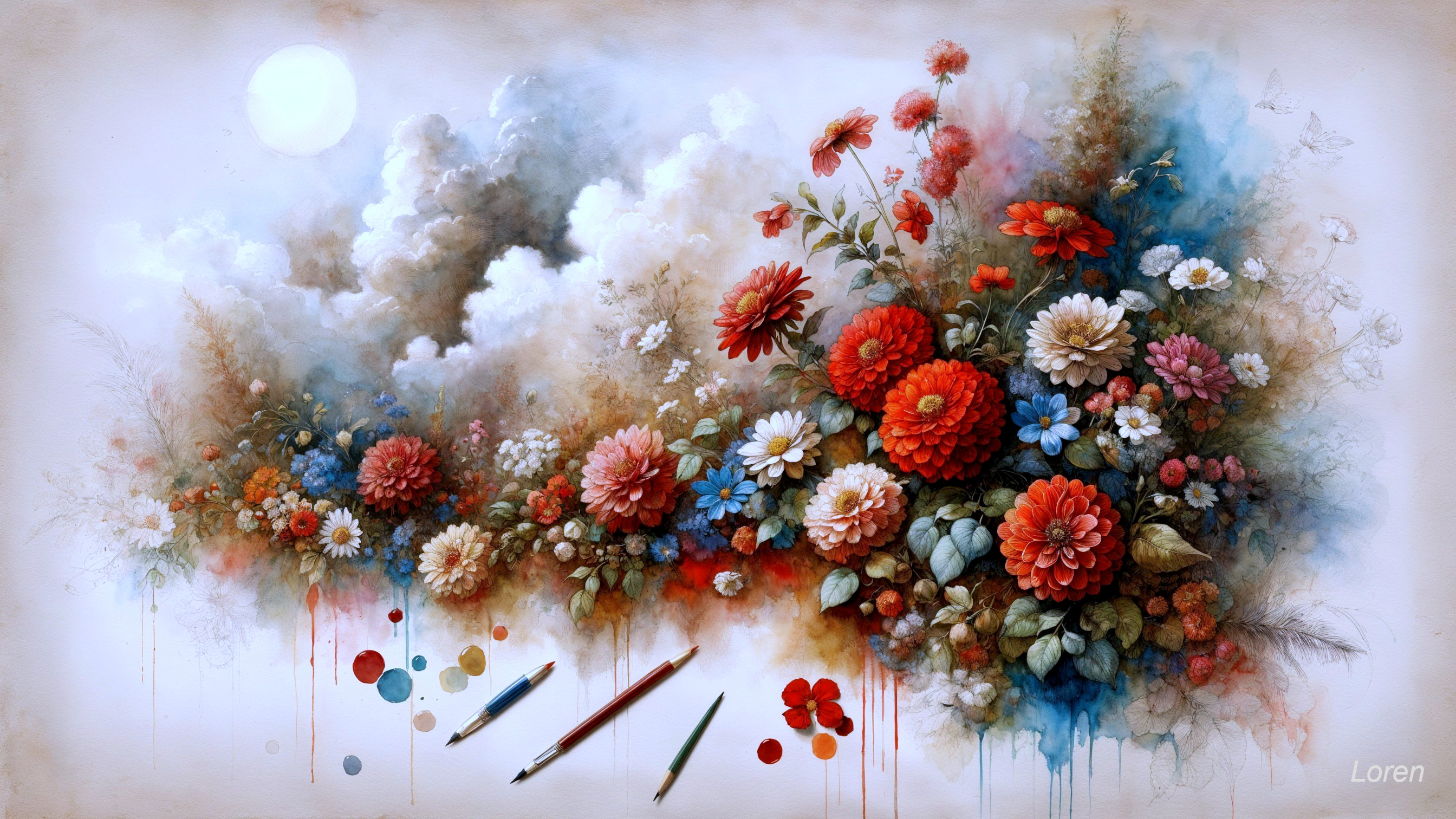 Vibrant Floral Painting with Colorful Flowers and Clouds