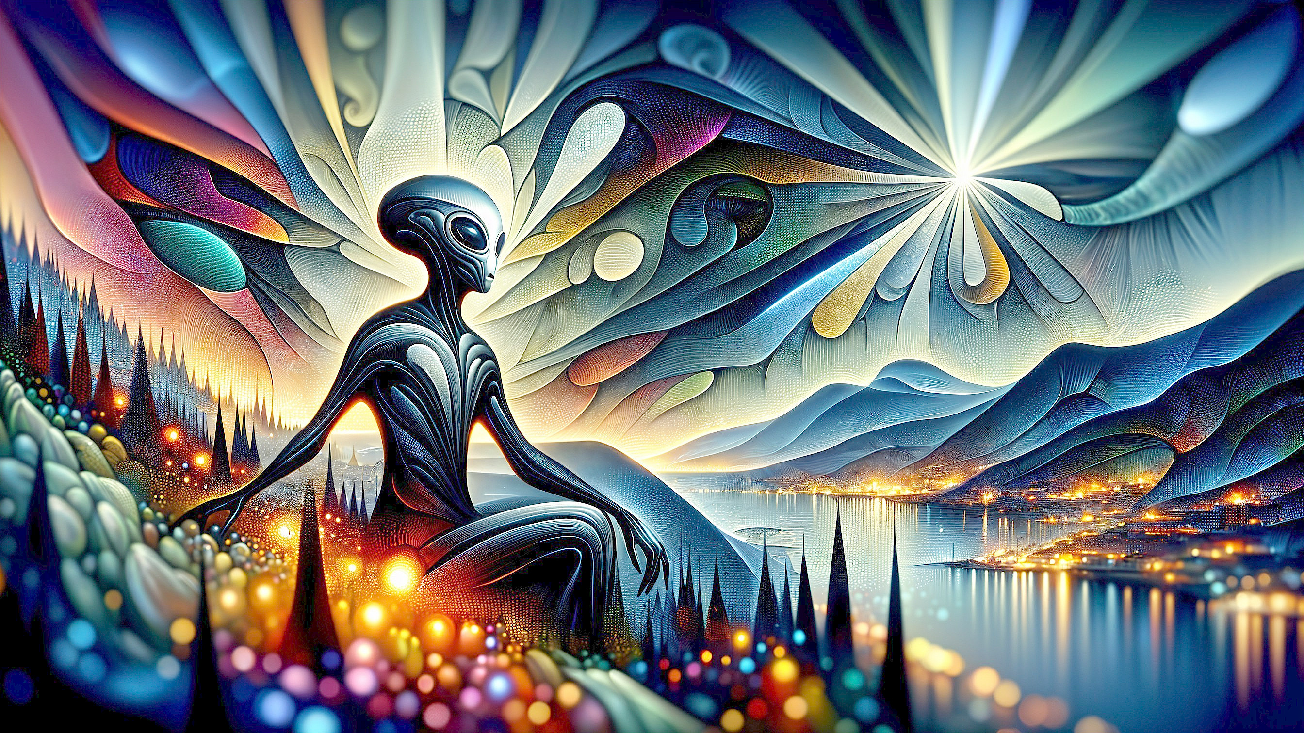 Ethereal Figure in Vibrant Cosmic Landscape Scene