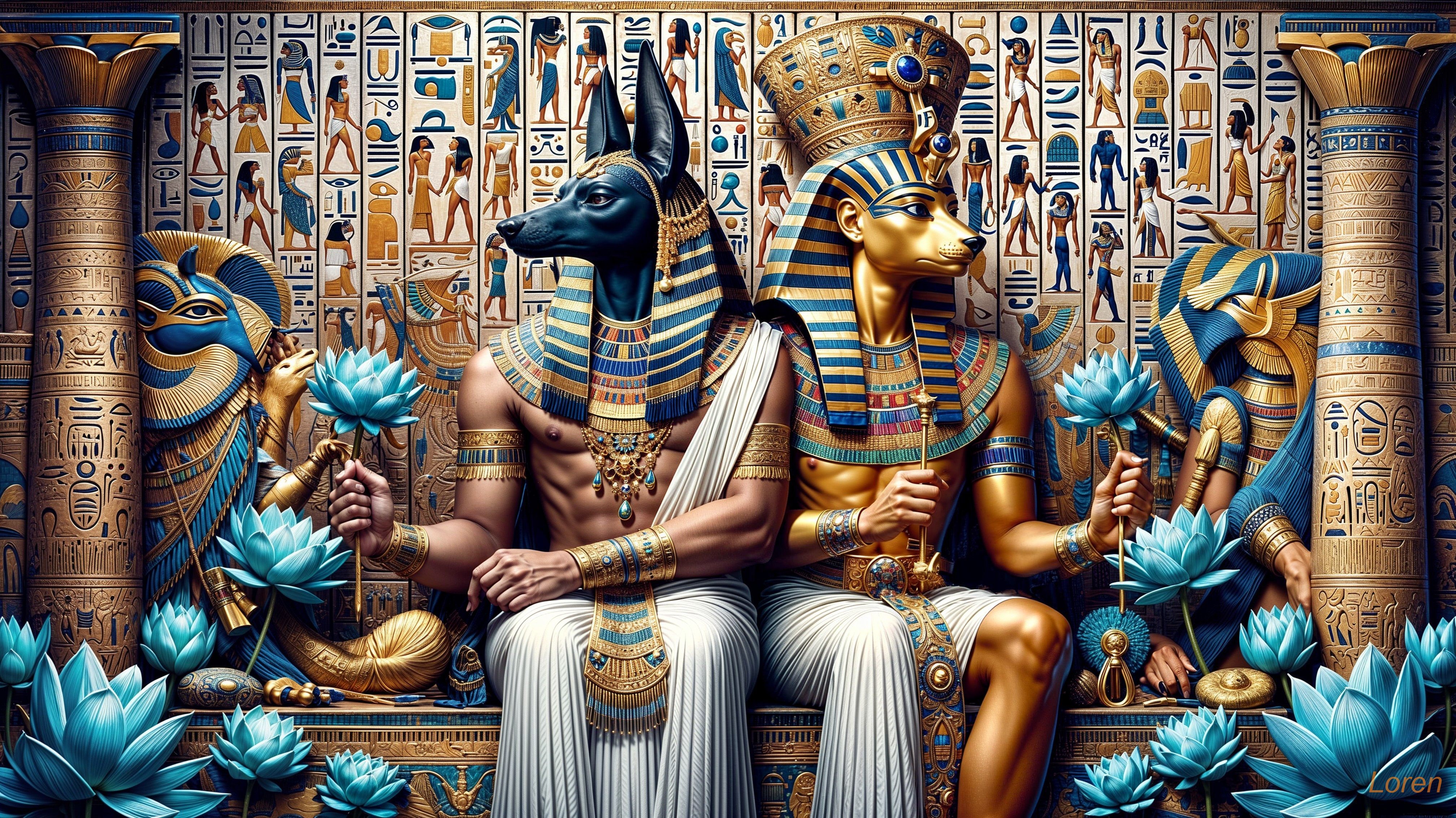 Ancient Egyptian Deities on Throne Surrounded by Hieroglyphics