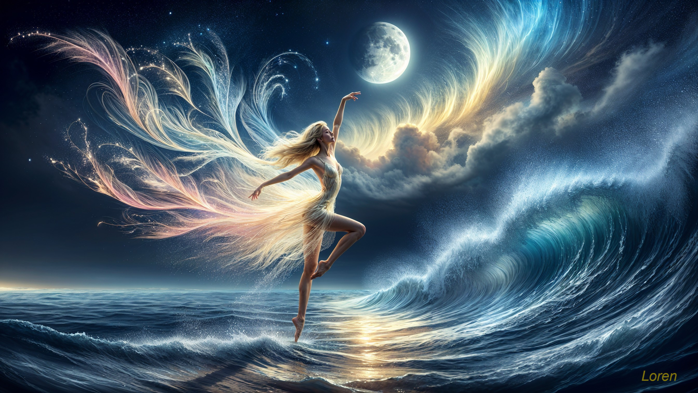 Dancer with Wings at Ocean's Edge Under Moonlight