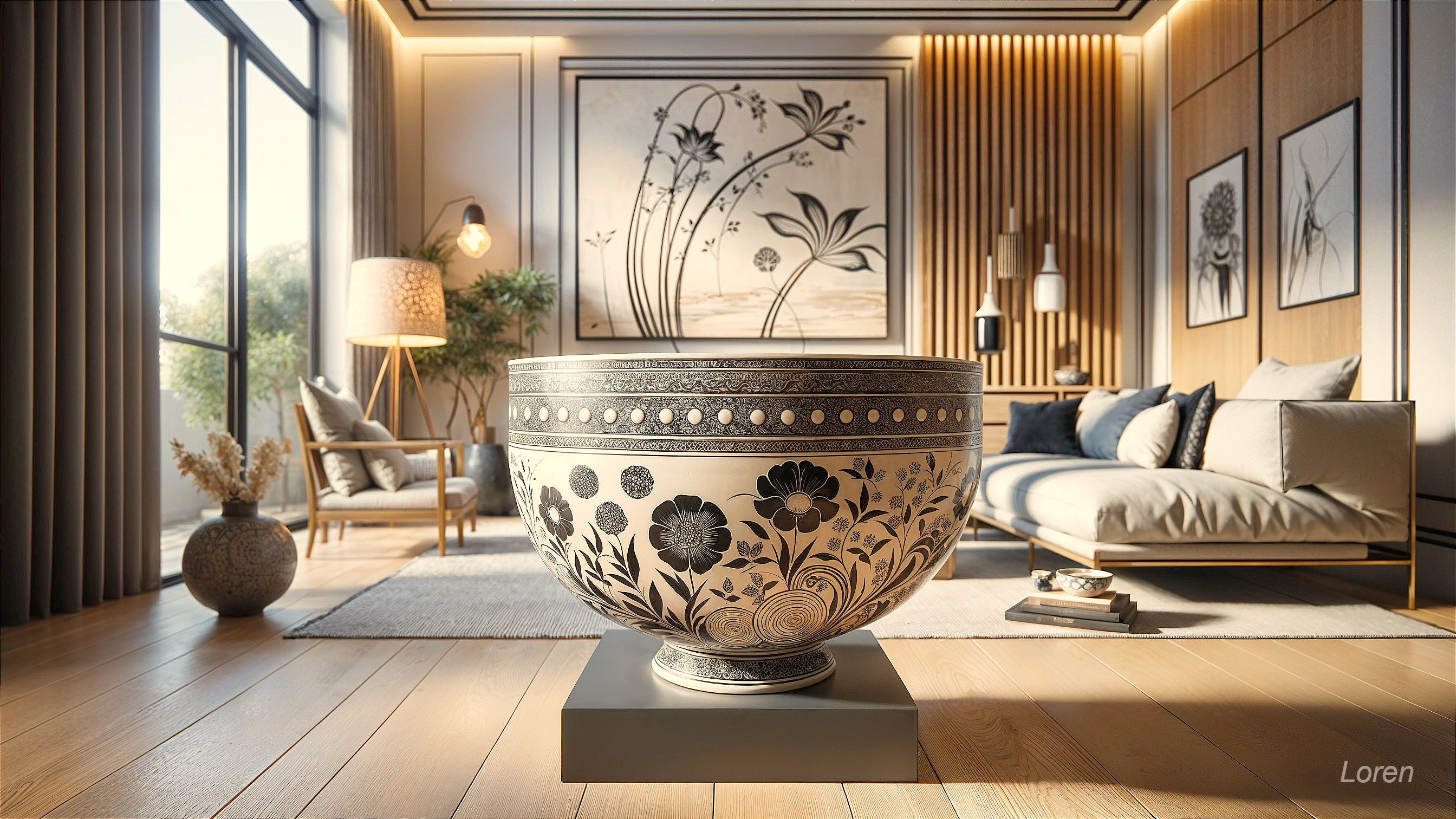 Intricately Designed Floral Bowl in Modern Living Room