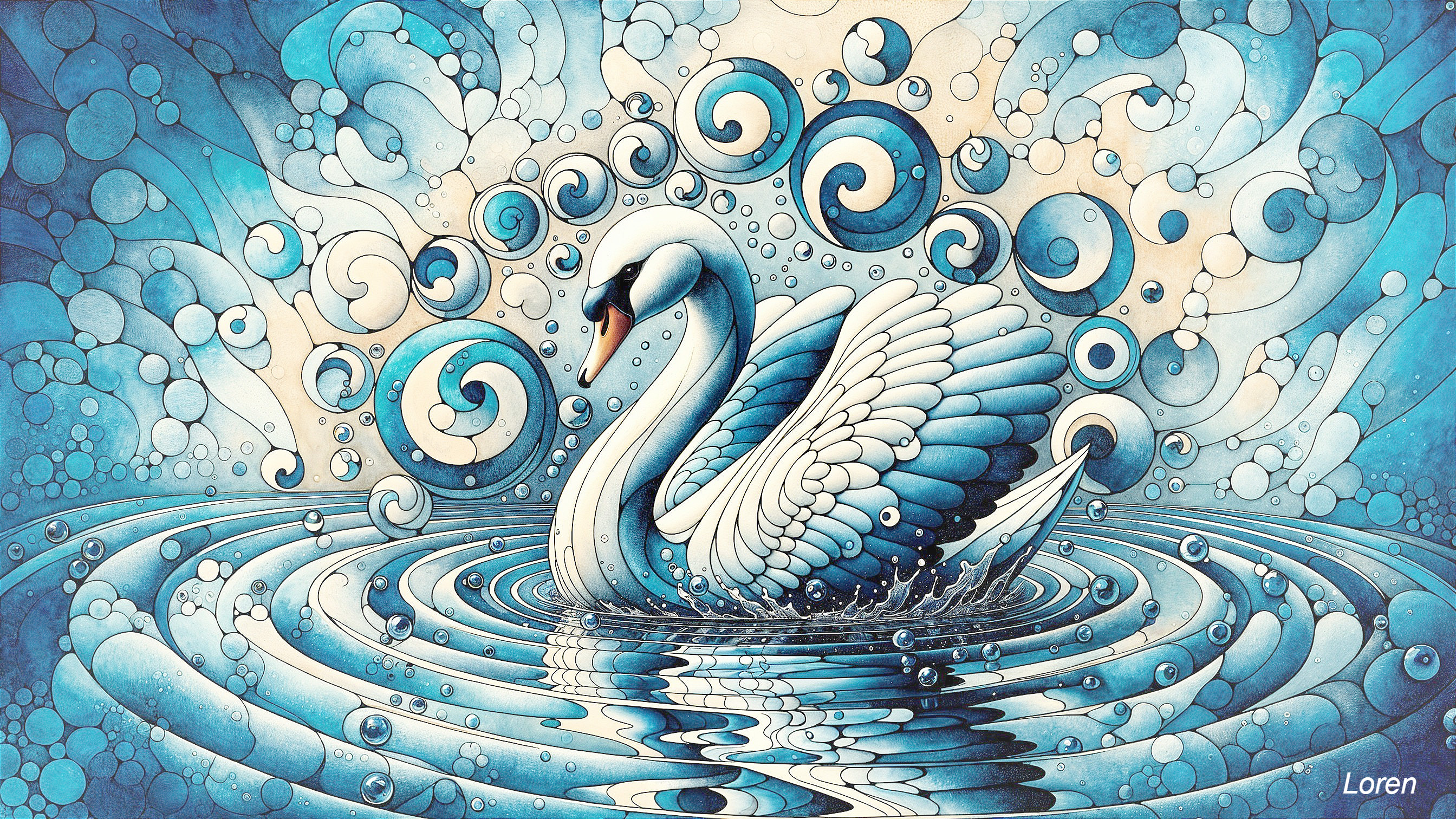 Swan Gliding on Textured Water with Blue Patterns