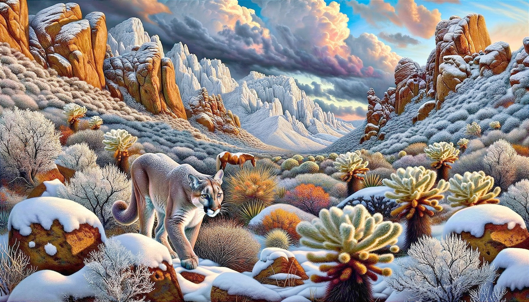 Majestic Mountain Landscape with Puma in Snowy Terrain