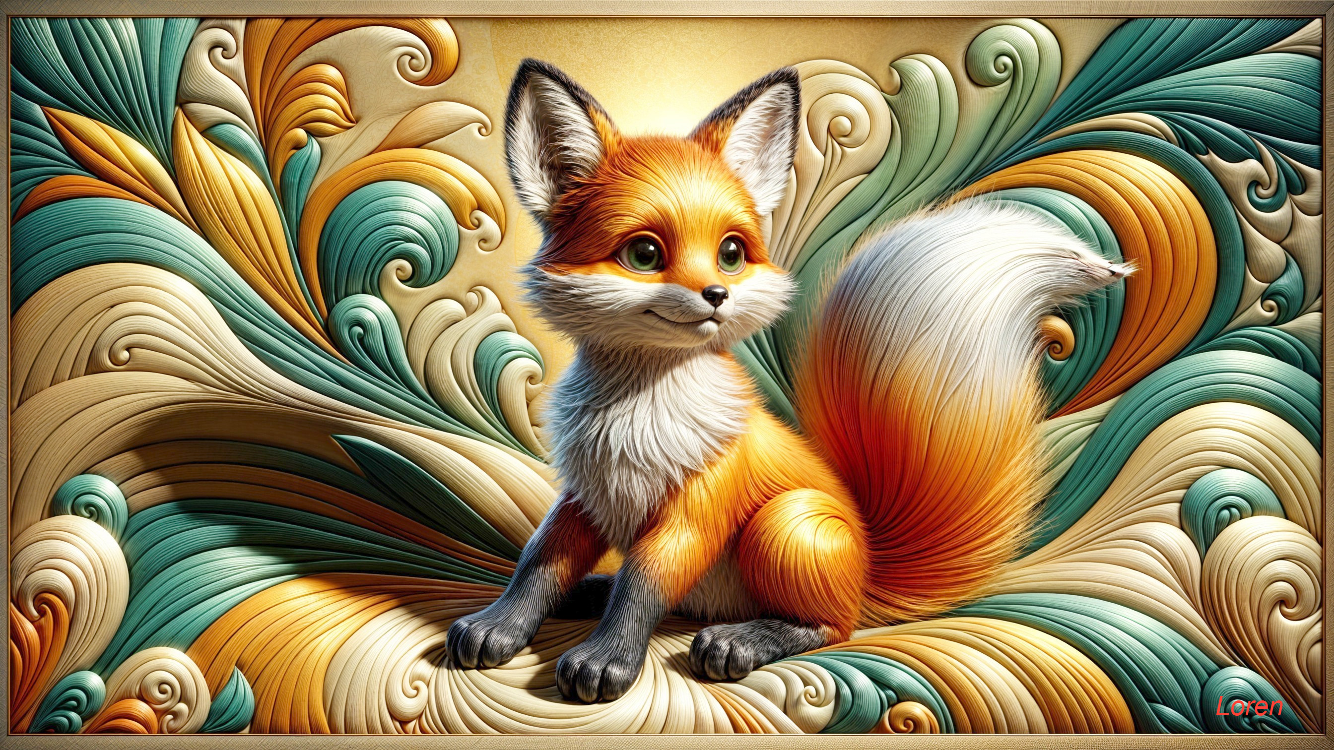 Stylized fox in vibrant teal and gold patterns