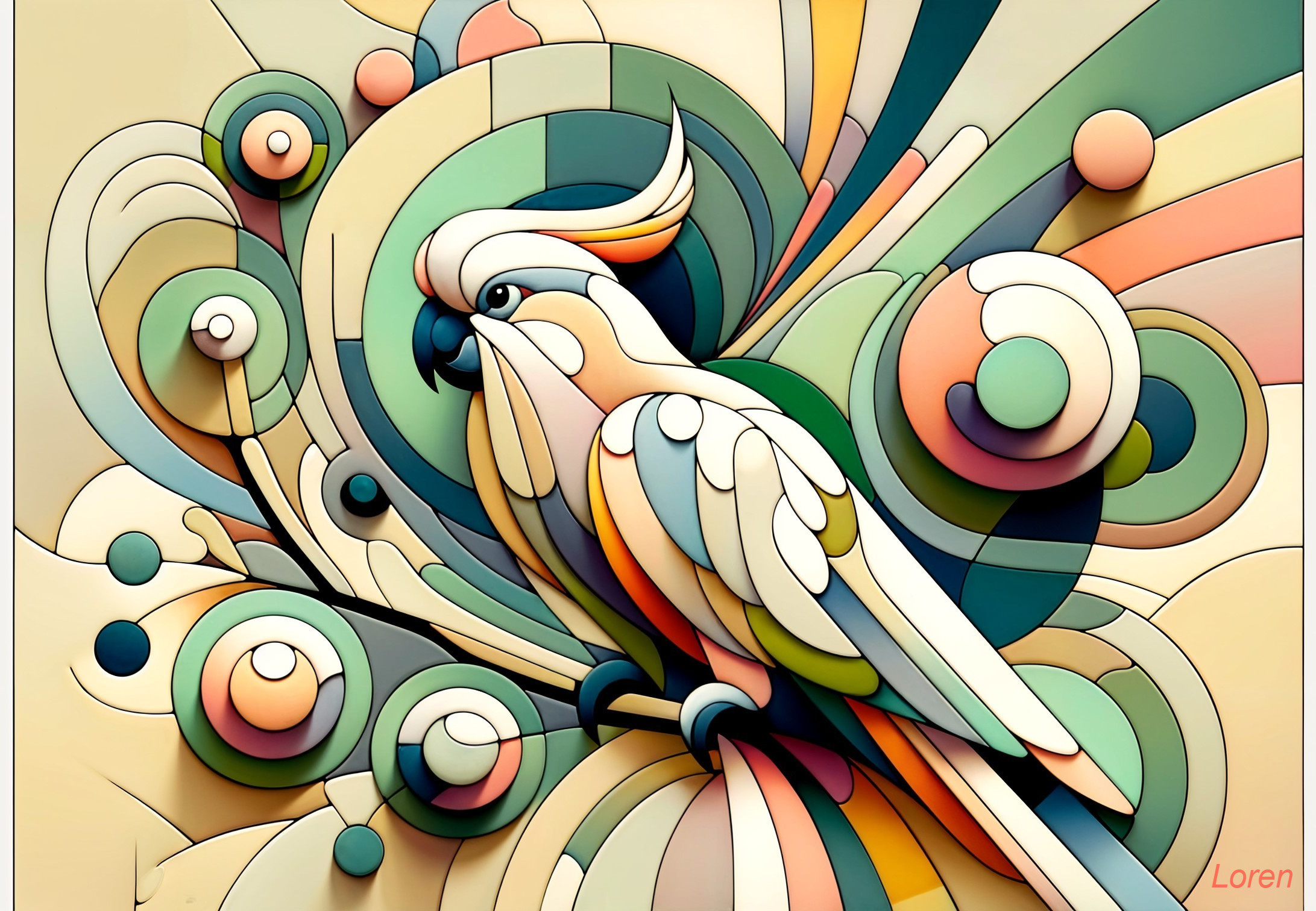 Stylized Cockatoo Against Vibrant Abstract Background